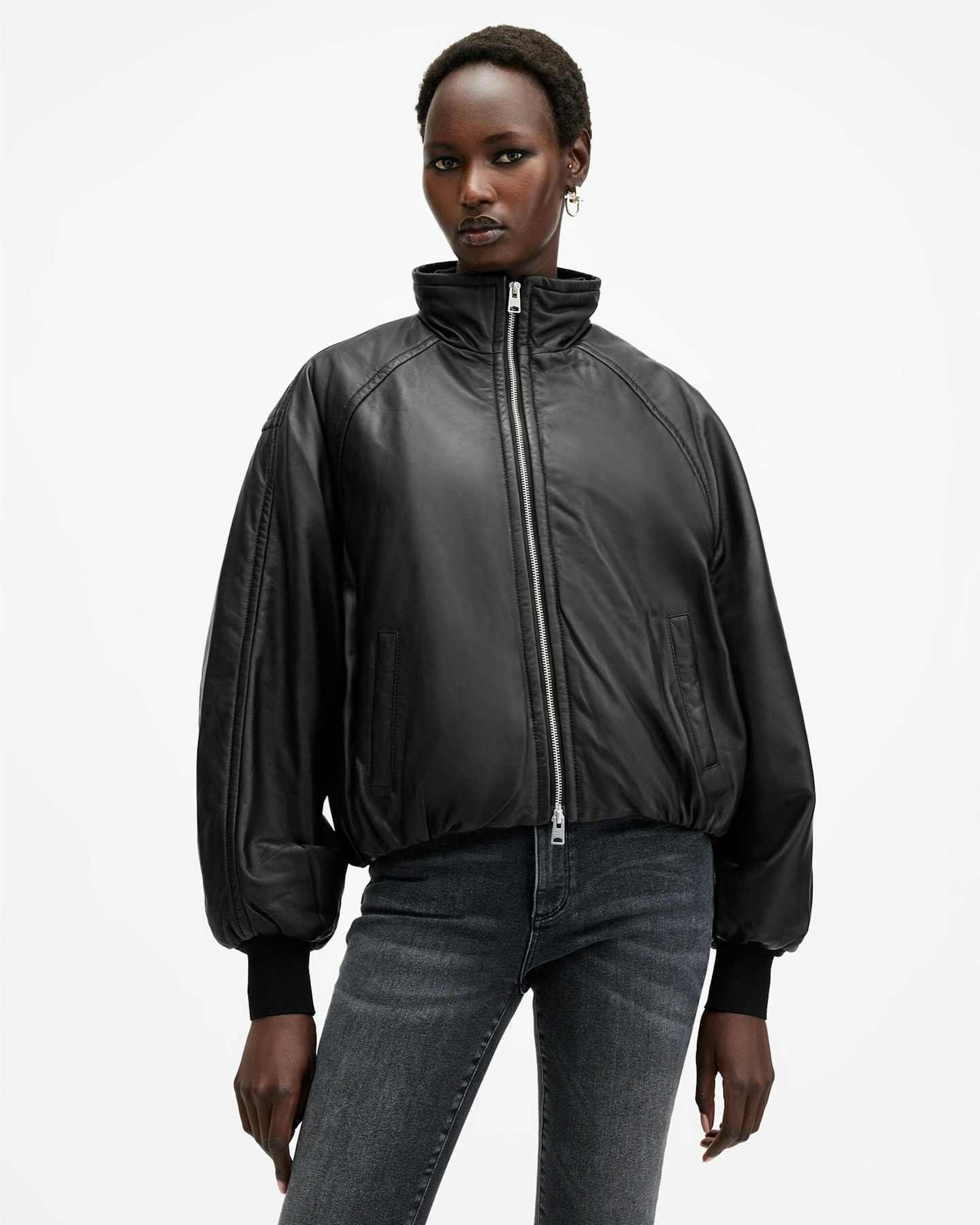 AllSaints, Rowan Funnel Neck Leather Bomber Jacket