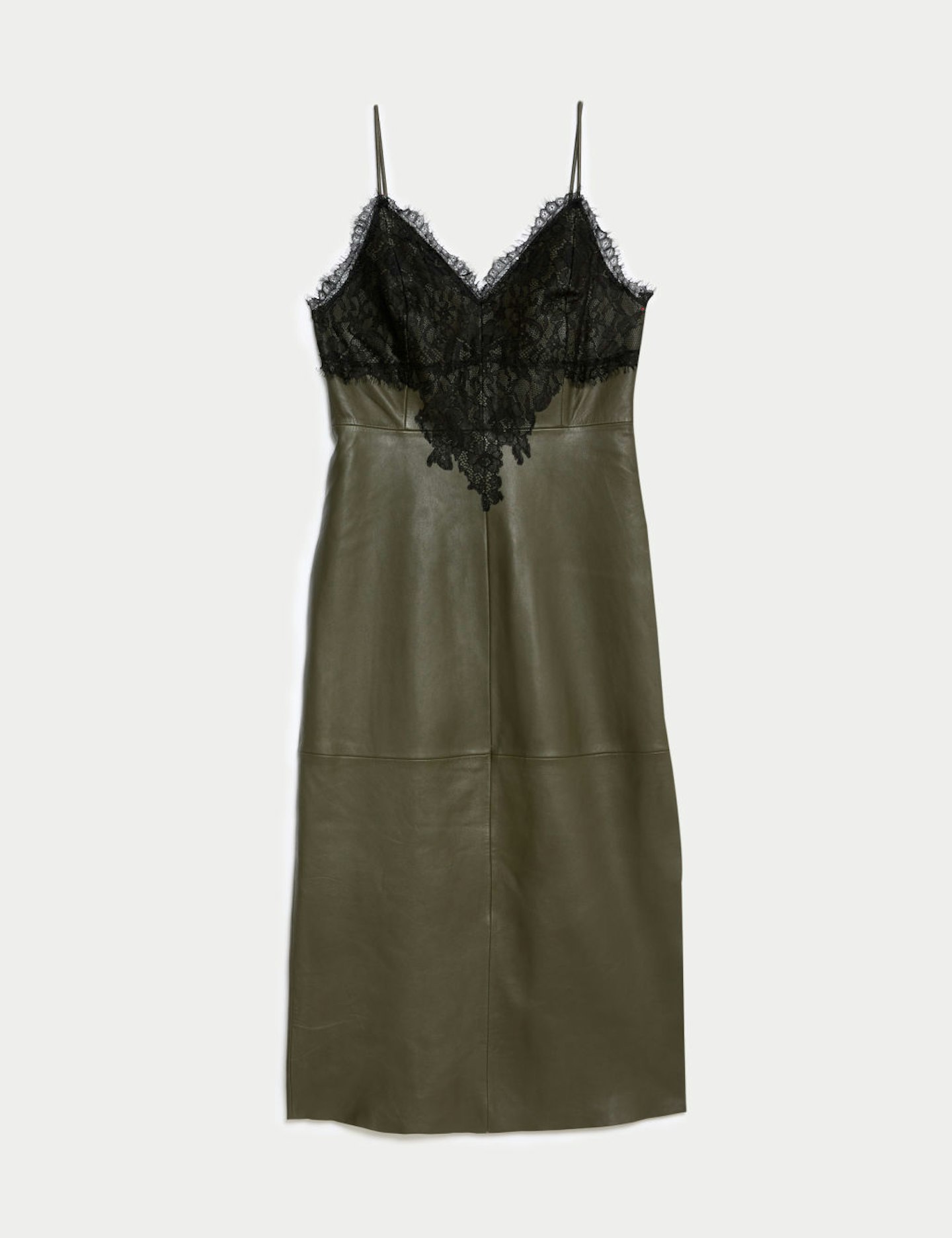 Marks & Spencer Leather V-Neck Lace-Detail Midi Slip Dress