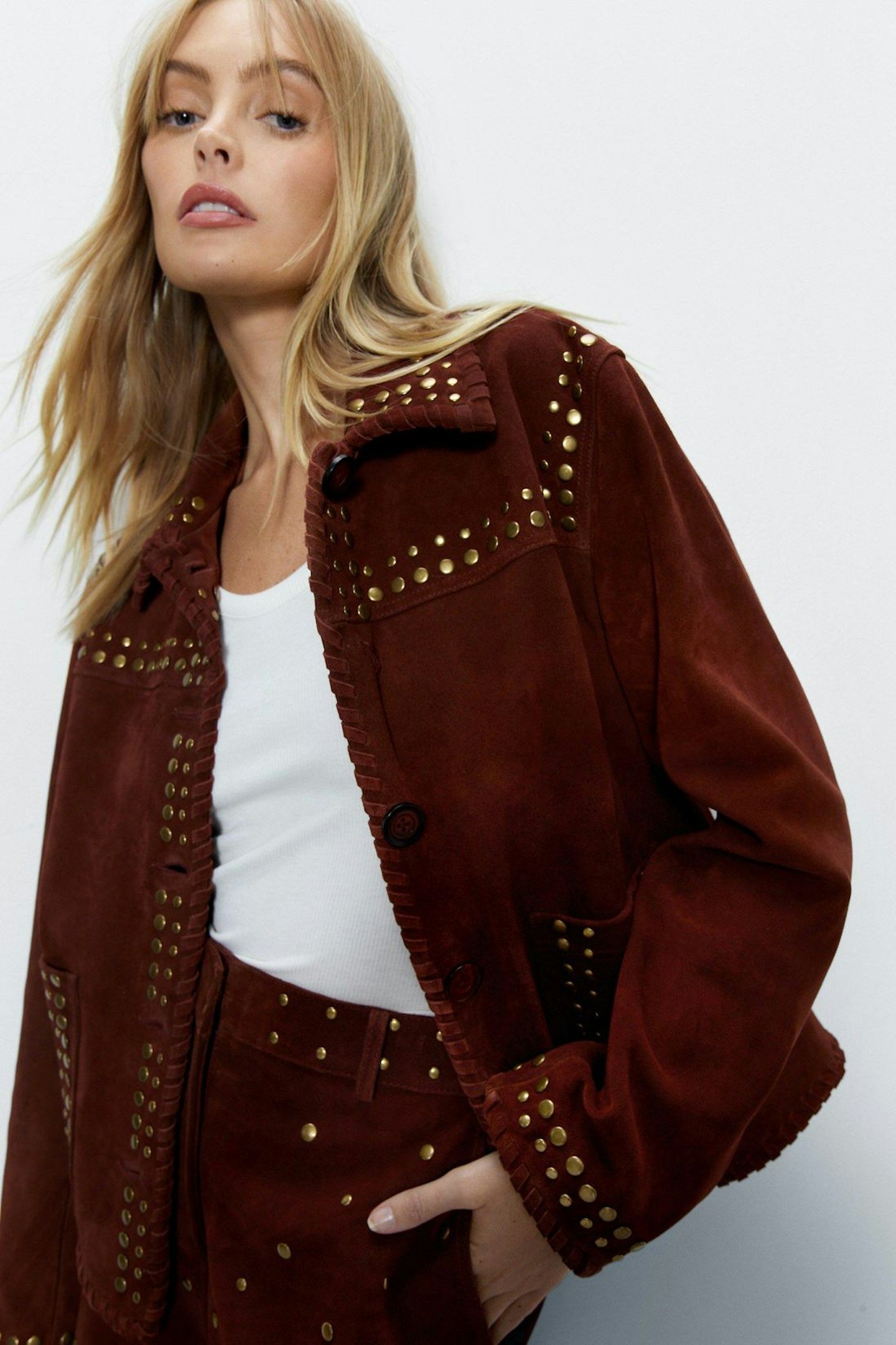 Warehouse Suede Studded Trim Jacket