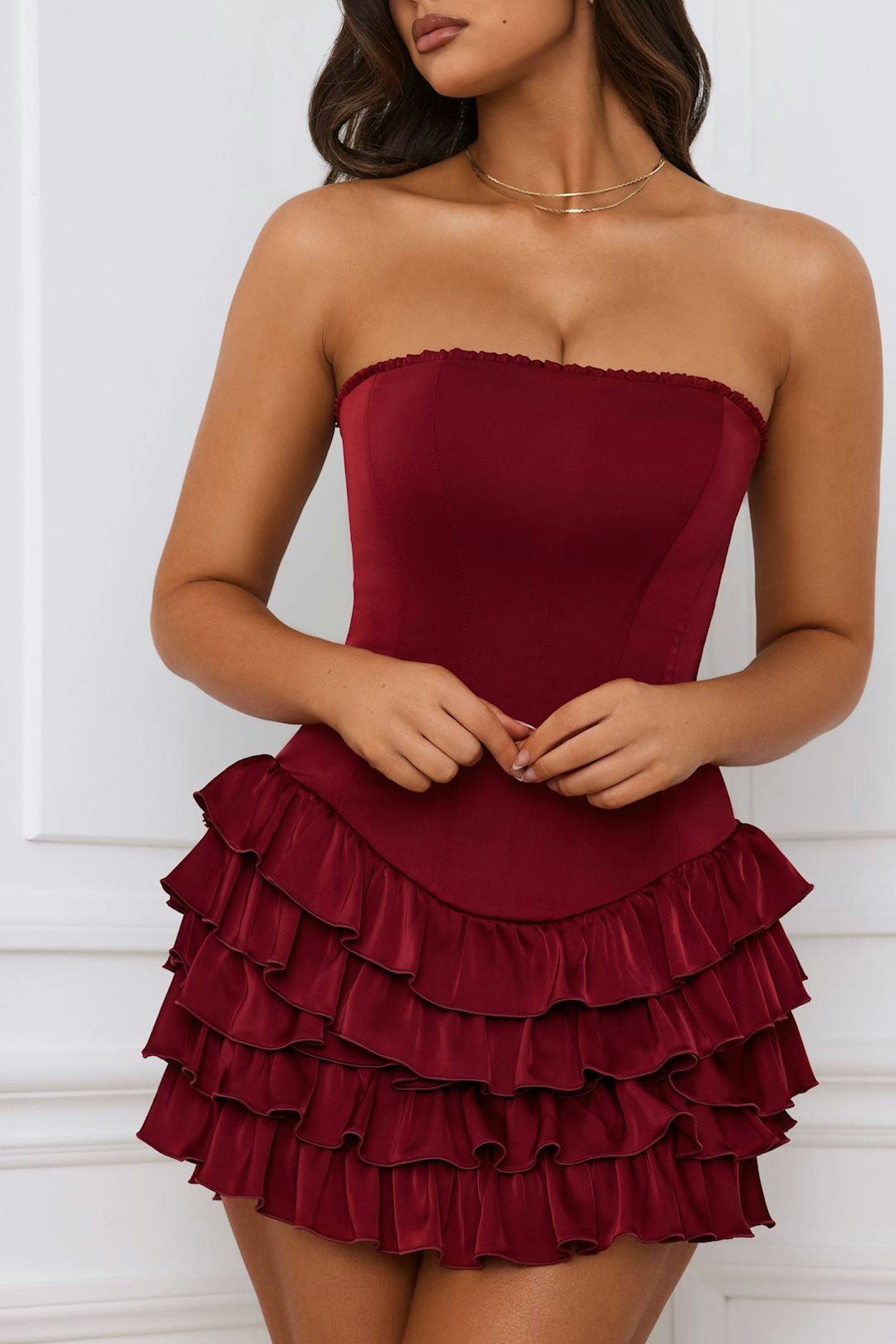 Oh Polly Juliet Bandeau Ruffled Tiered Corset Mini Dress in Berry Red