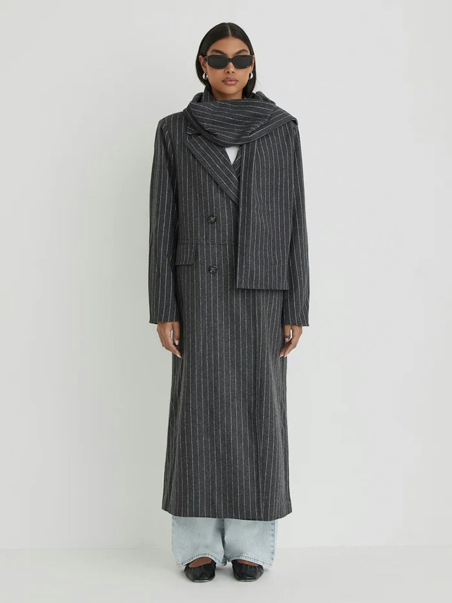 4th & Reckless, Grey Pinstripe Tailored Oversized Maxi Coat With Scarf