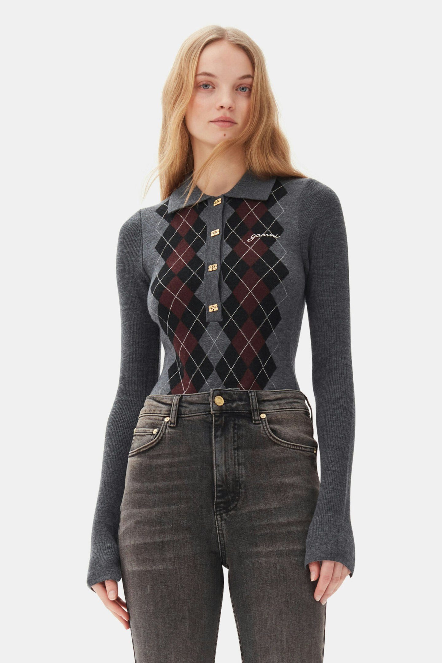Grey X Cafe Argyle Polo Knit Pullover