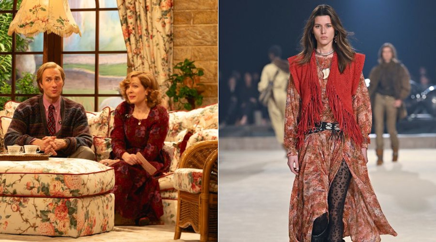 (L-R): Katherine Parkinson in a floral dress as Lizzie in Rivals; Isabel Marant AW24