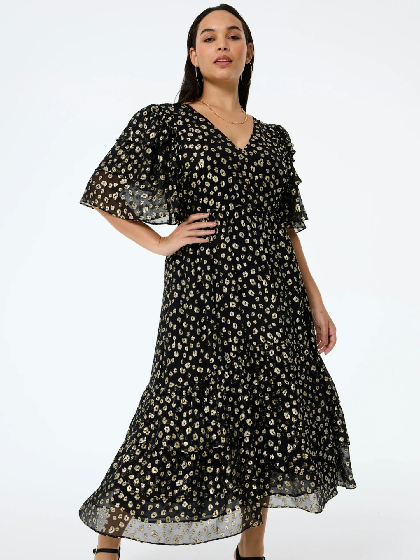 Scamp & Dude, Black With Gold Spot Leopard Jacquard Ruffle Sleeve Tiered Midi Dress