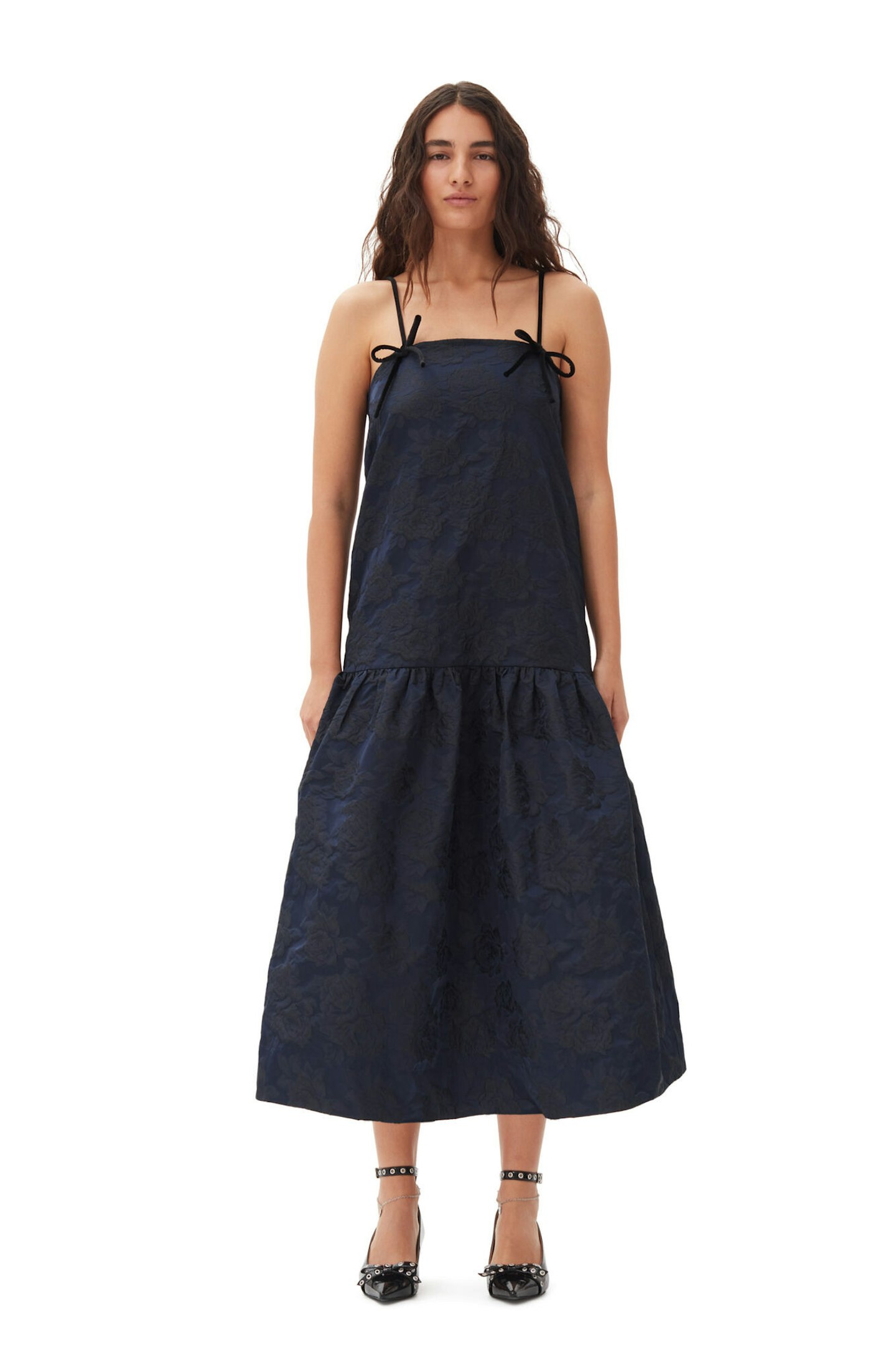 Ganni Navy Blue Botanical Stripe Jacquard Strap Midi Dress