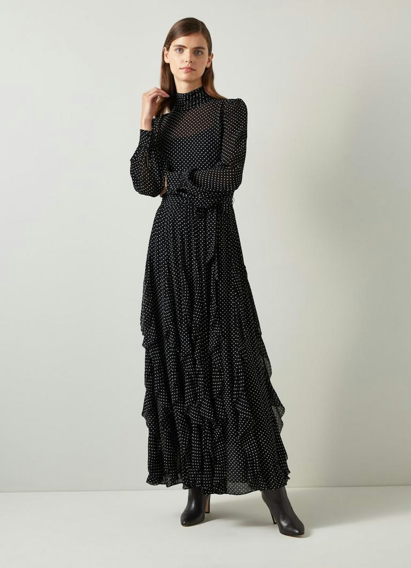 LK Bennett Lucy Black & Ivory Polka Dot Ruffle Maxi Dress