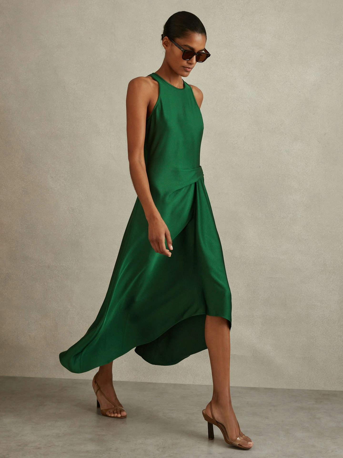 Reiss Micah Satin Drape Tuck Midi Dress