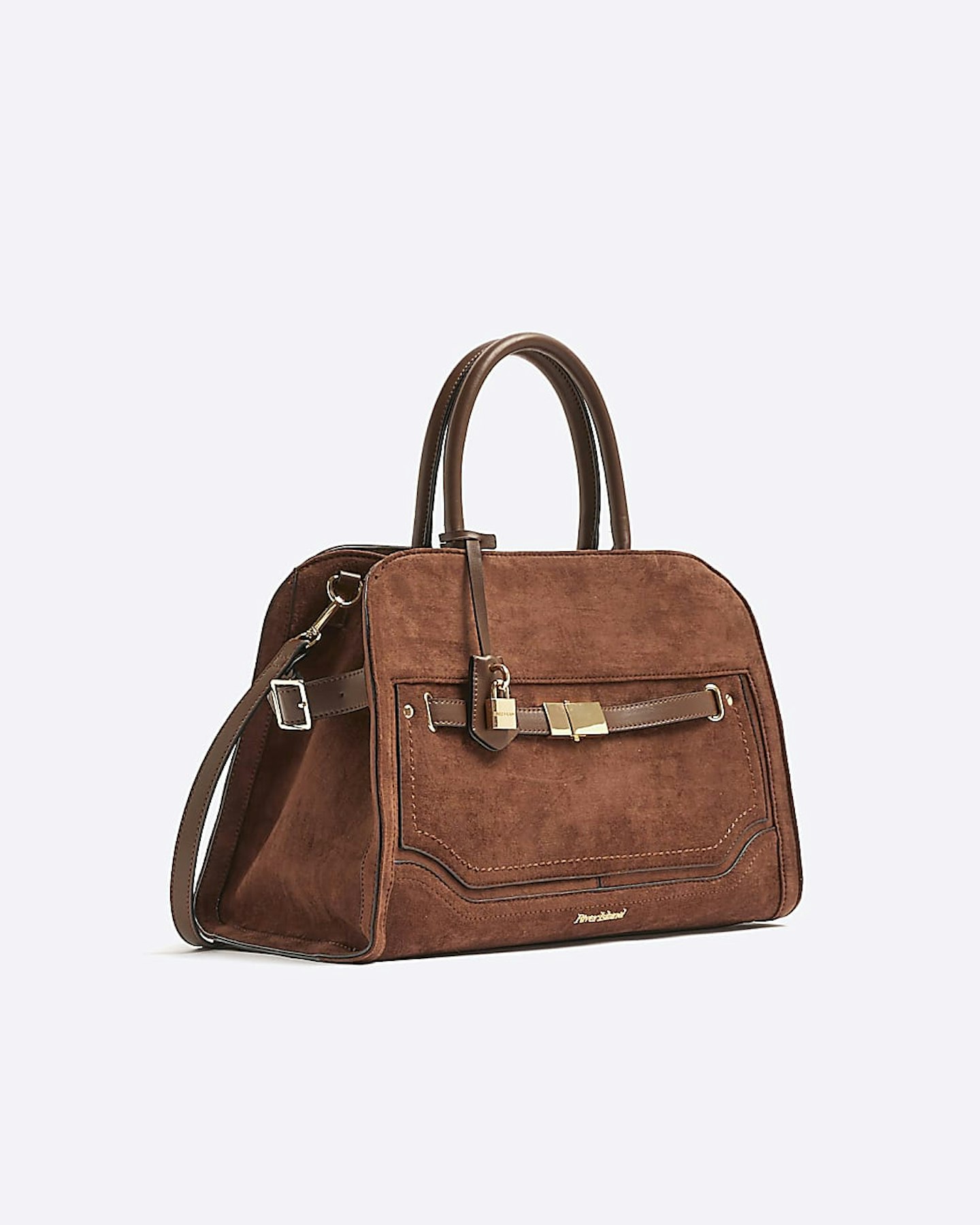 River Island Brown Suedette Lock-Detail Tote Bag