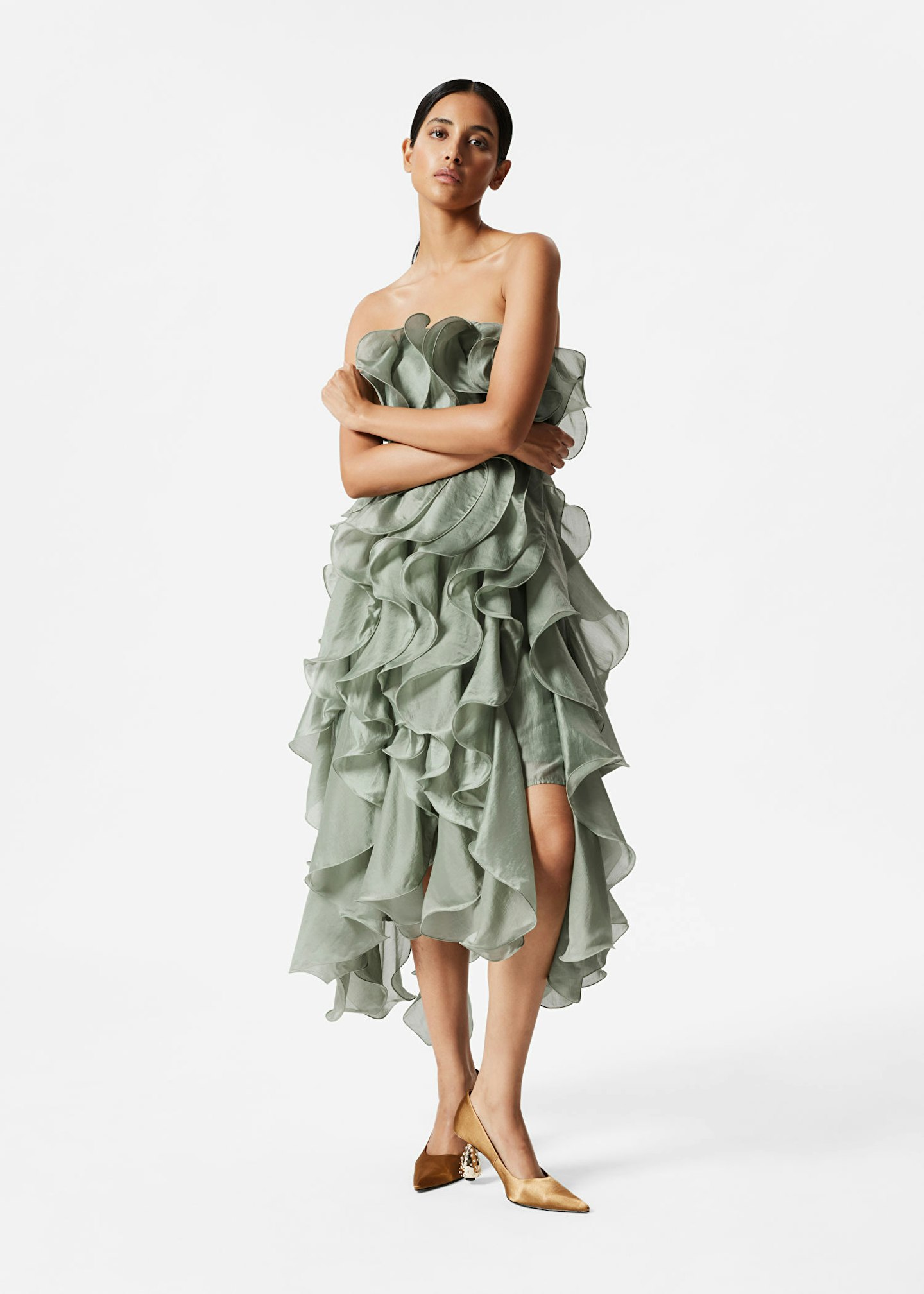 & other stories green ruffle dress