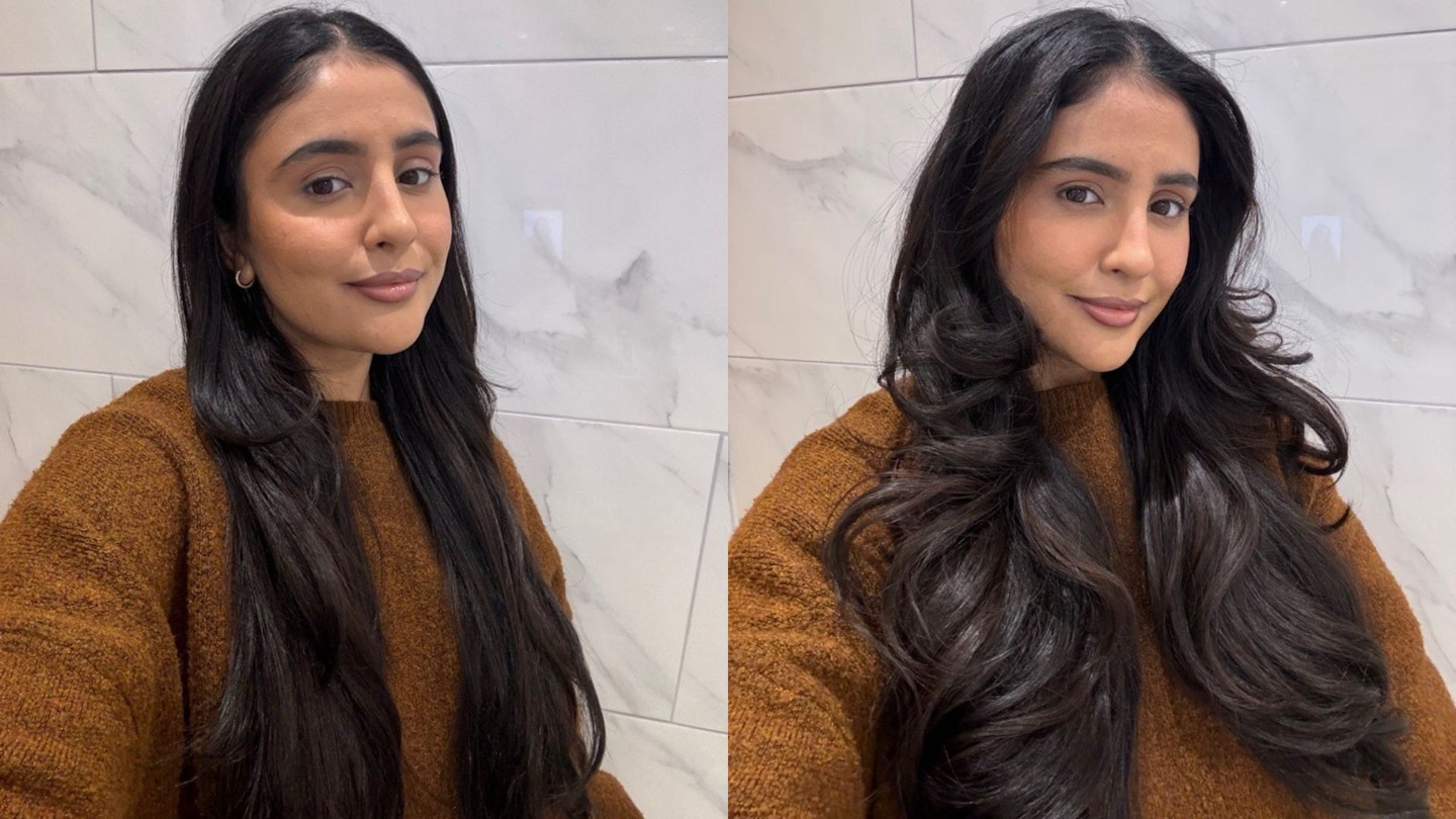 Sameeha's hair before (L) and after using the Dyson Airwrap