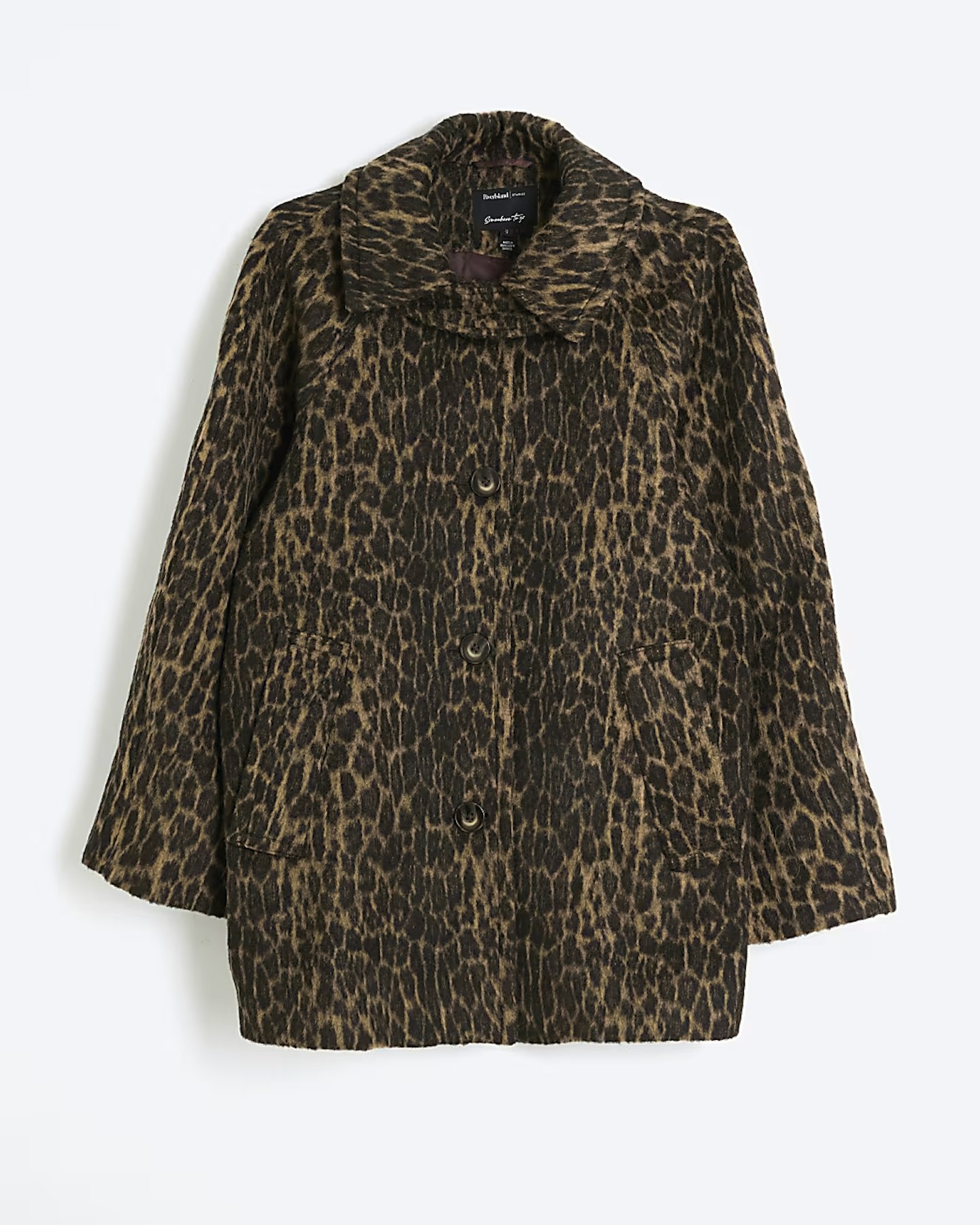 River Island, Brown Leopard Print Funnel Neck Coat