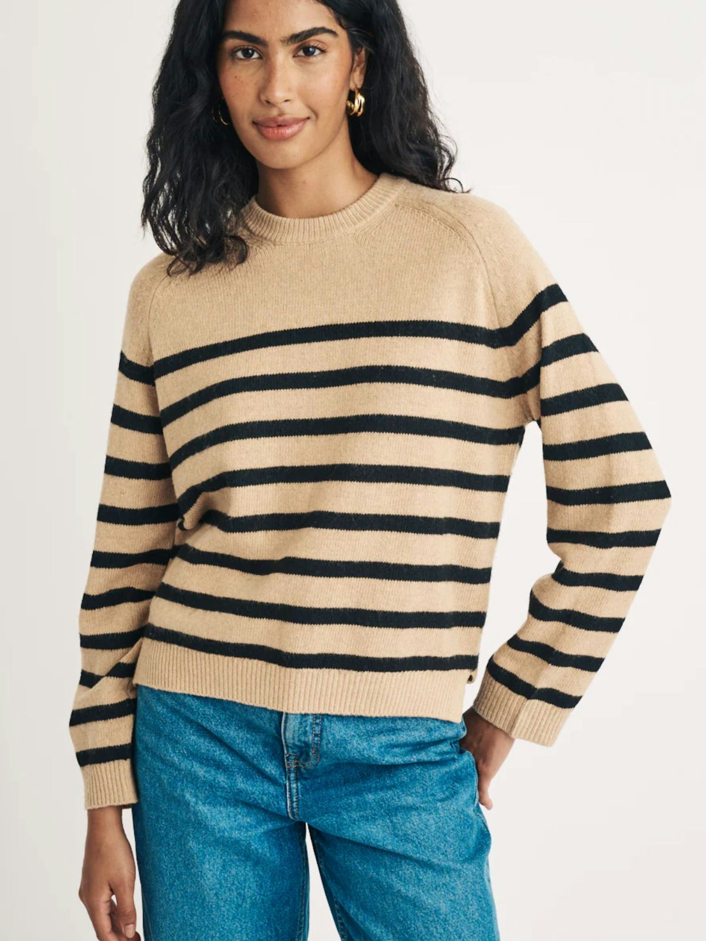 Beige Striped Crew Neck Knitted Jumper