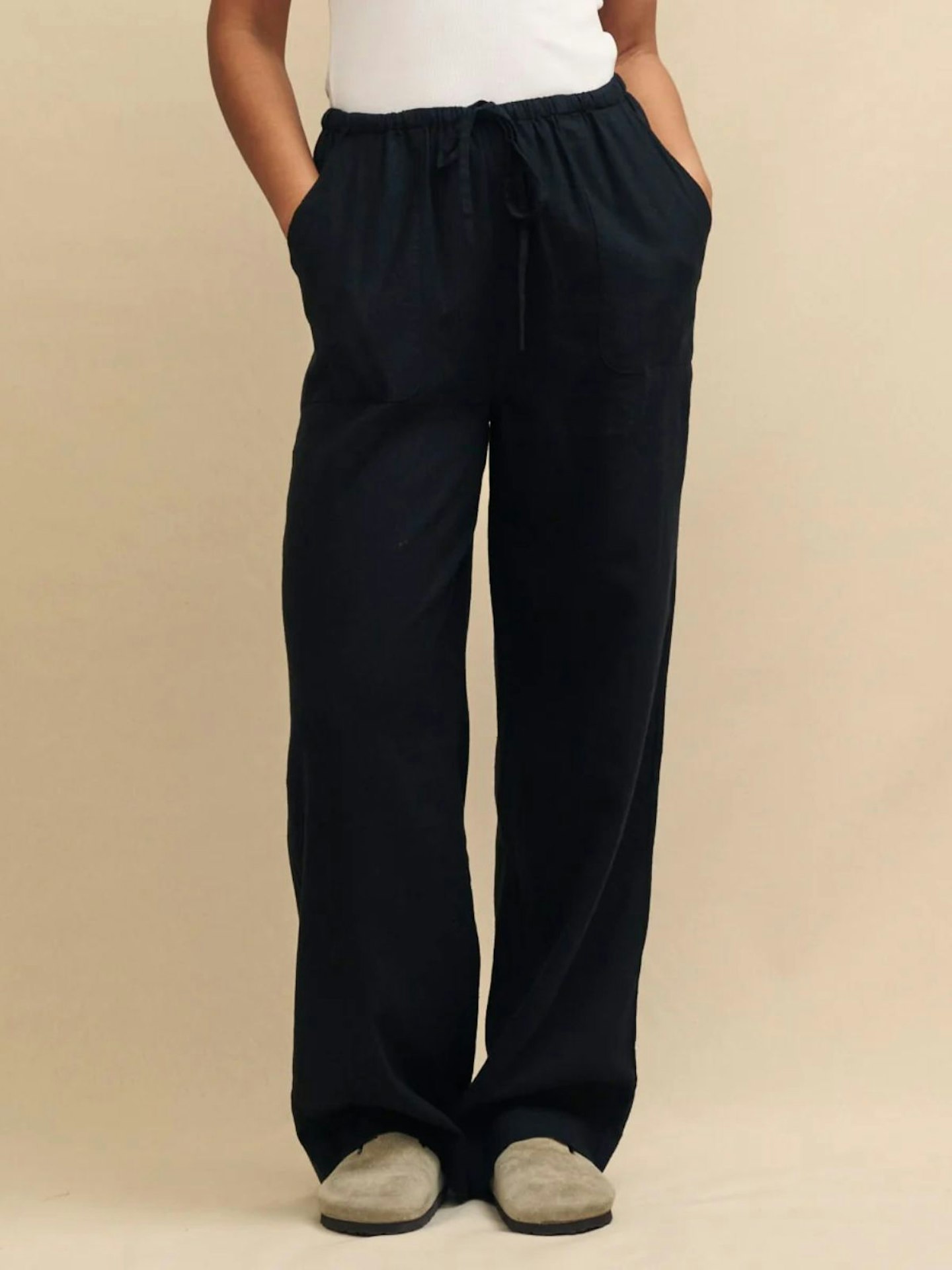 Black Linen-Blend Drawstring Trousers