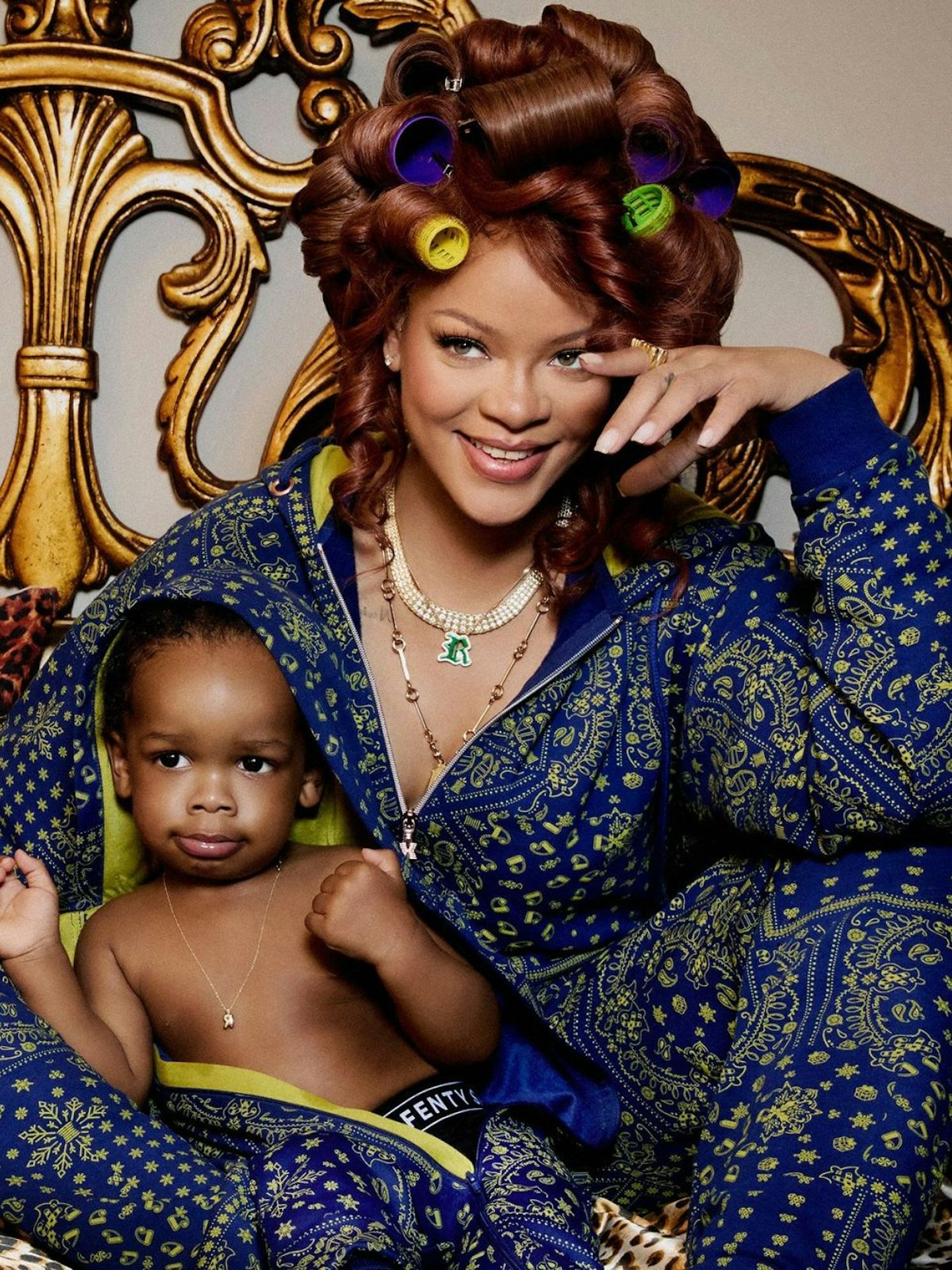 Rihanna and son wearing Christmas pyjamas