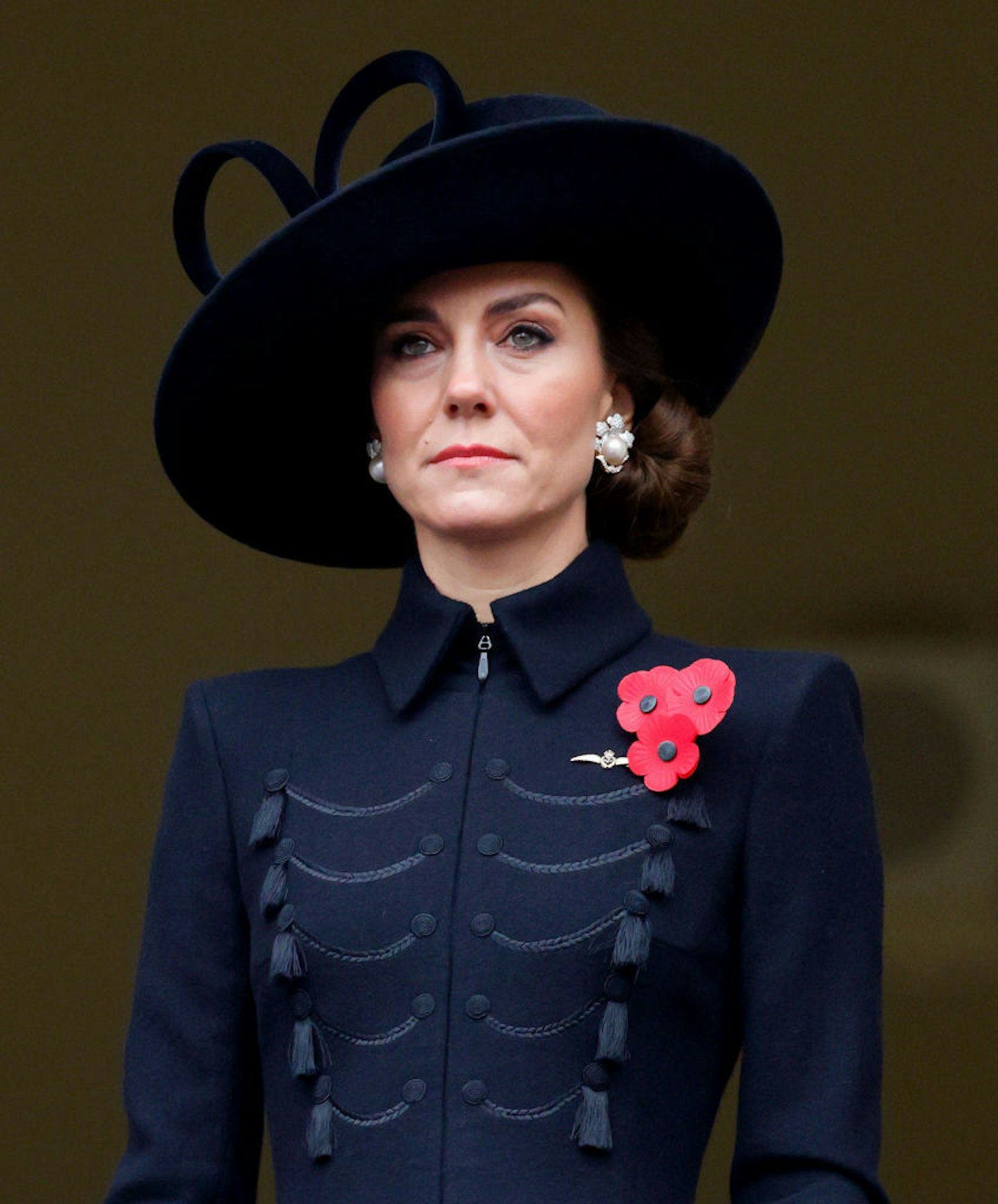 Princess Kate Middleton wearing three poppies on remembrance Sunday 2023