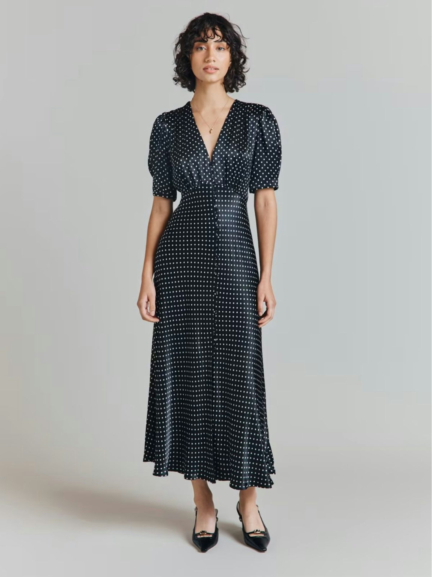 Ghost, Satin Polka Dot V-Neck Midaxi Waisted Dress