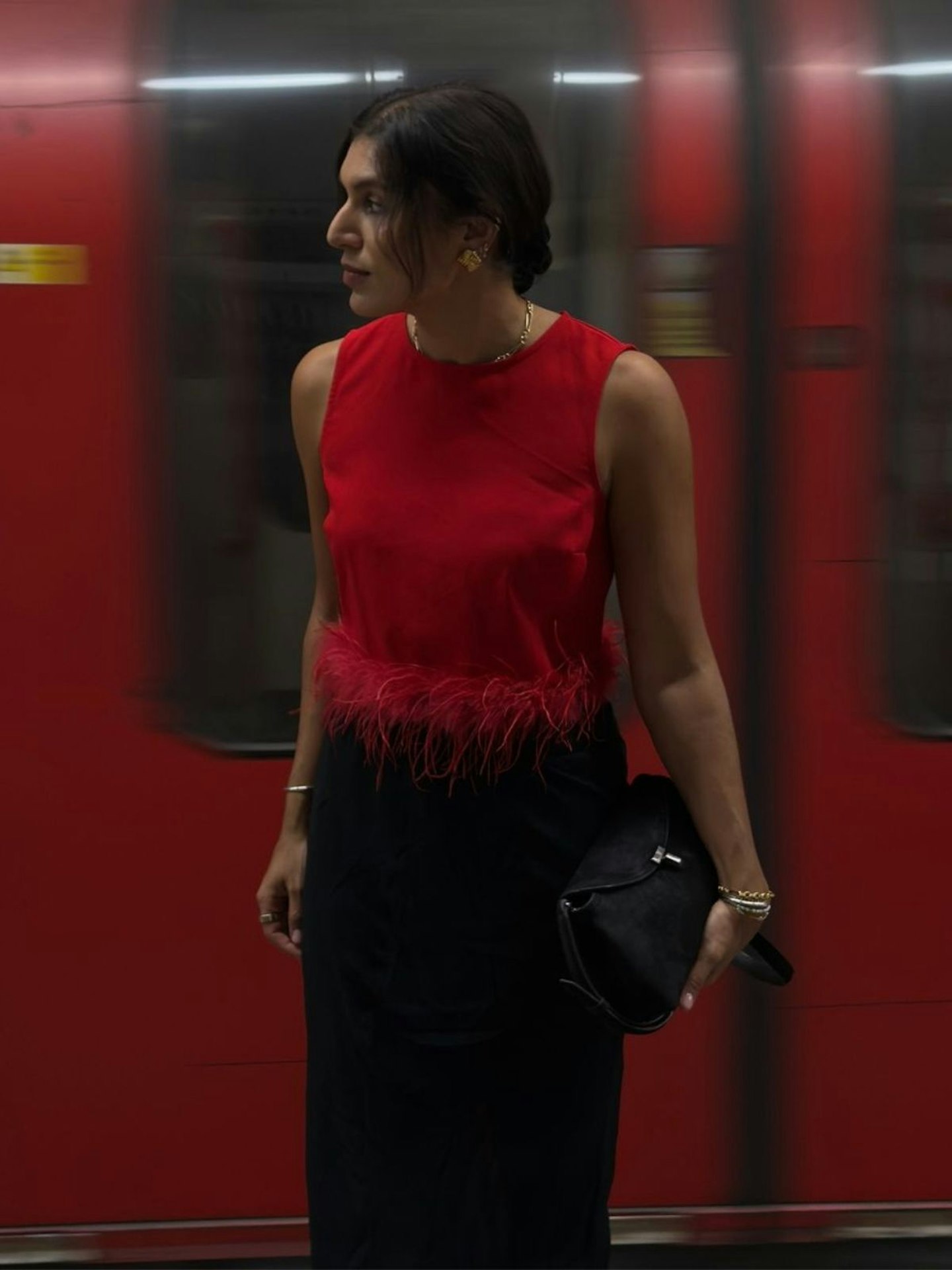 Monsoon x Sarah Corbett-Winder Feather Trim Crop Top Red