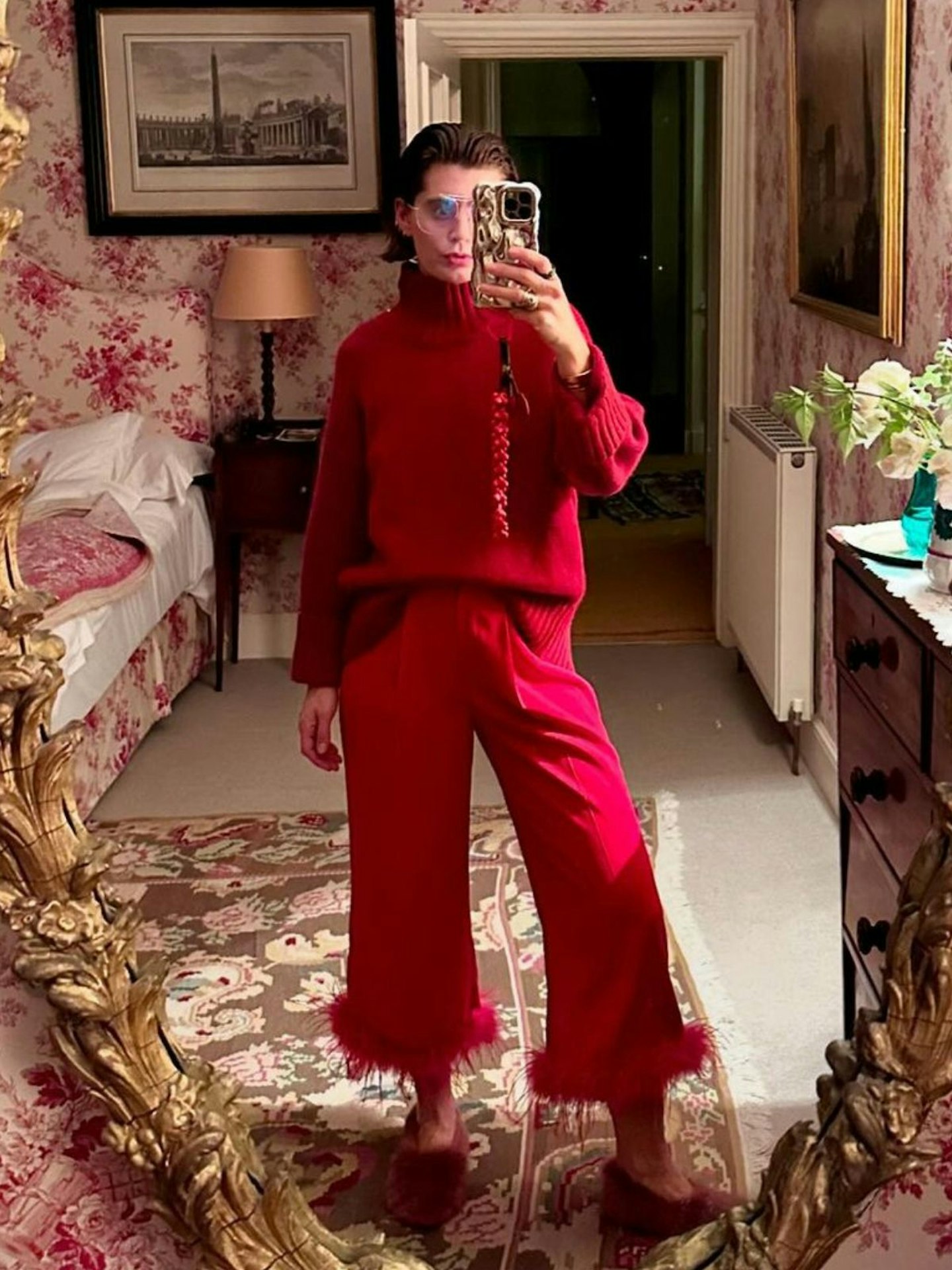 Monsoon x Sarah Corbett-Winder Feather Trim Cropped Trousers Red