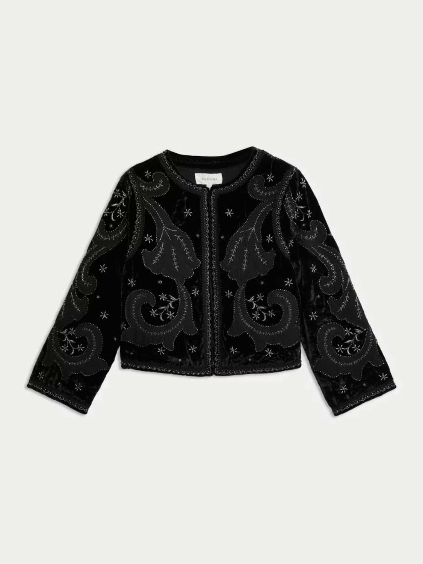 Per Una Velvet Embroidered Collarless Cropped Jacket