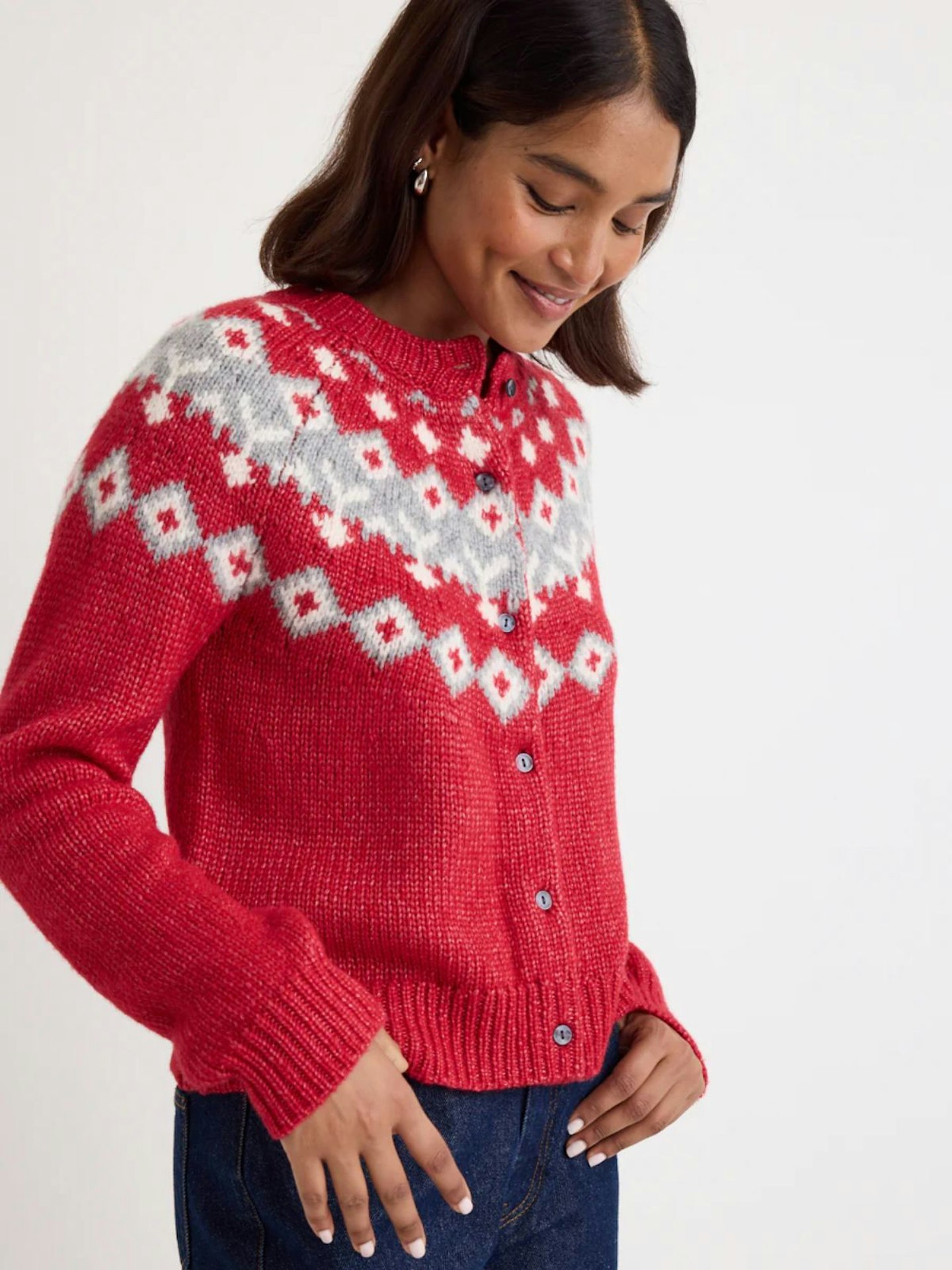 Red Fair Isle Knitted Wool Cardigan