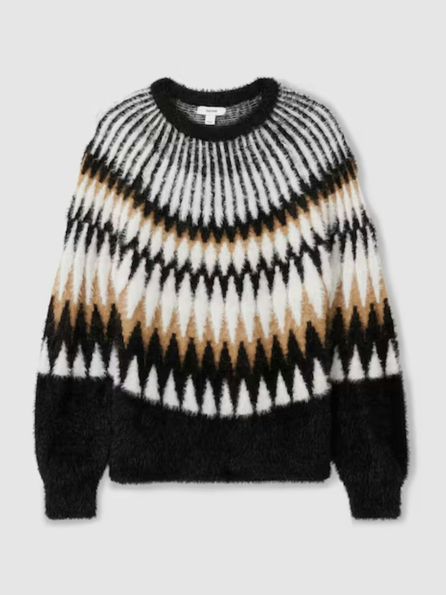 Reiss, Indi Black/Camel Fuzzy FairIsle Crew Neck Jumper