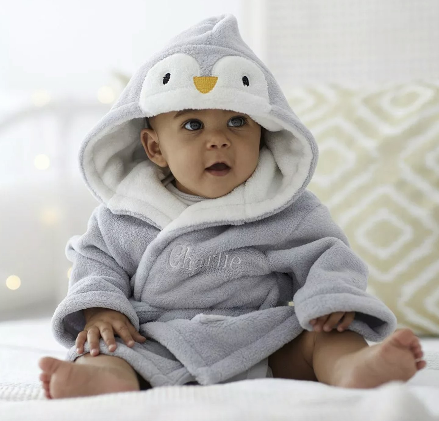 Personalised Grey Penguin Fleece Robe