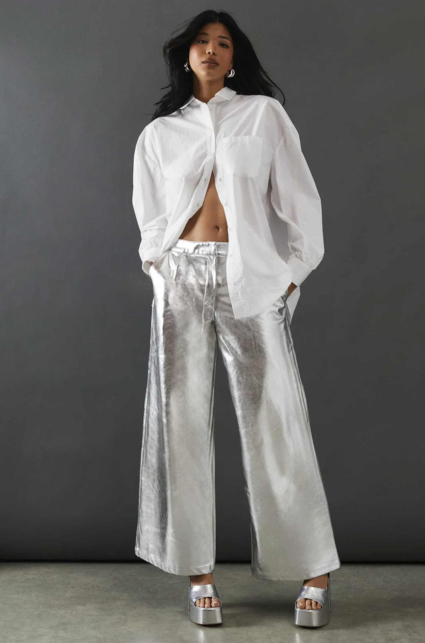 wide-leg silver trousers