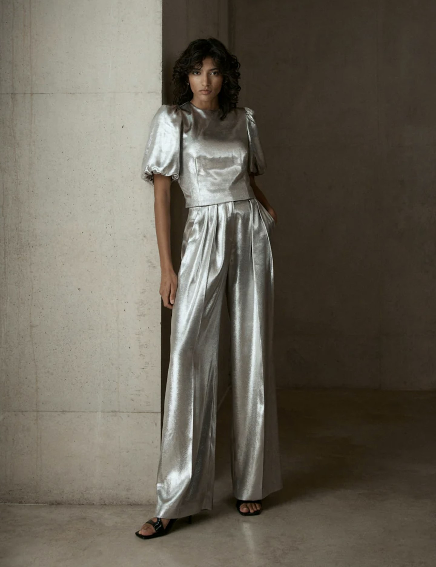 silver pleated trousers