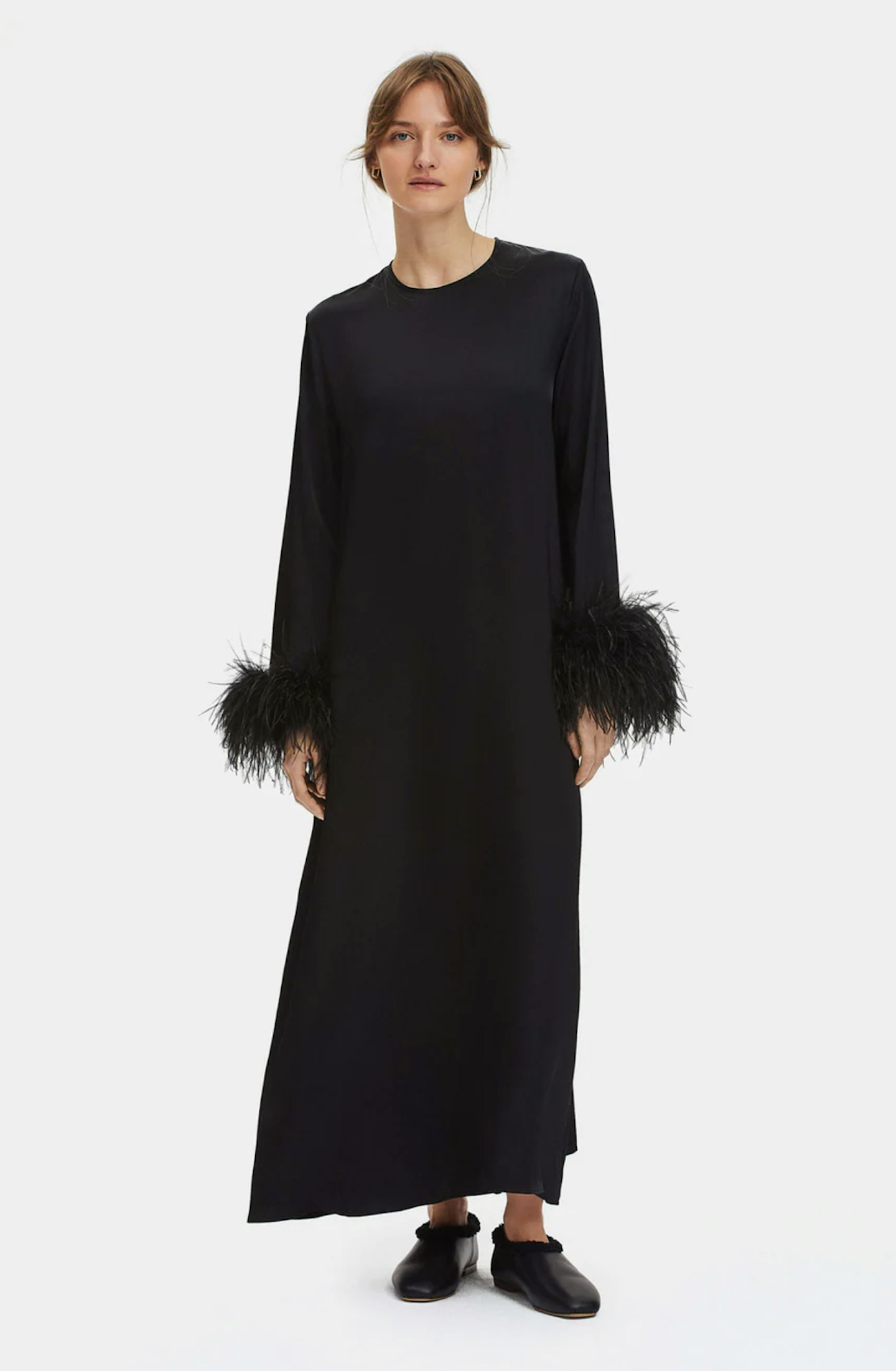 Sleeper black feather midi dress