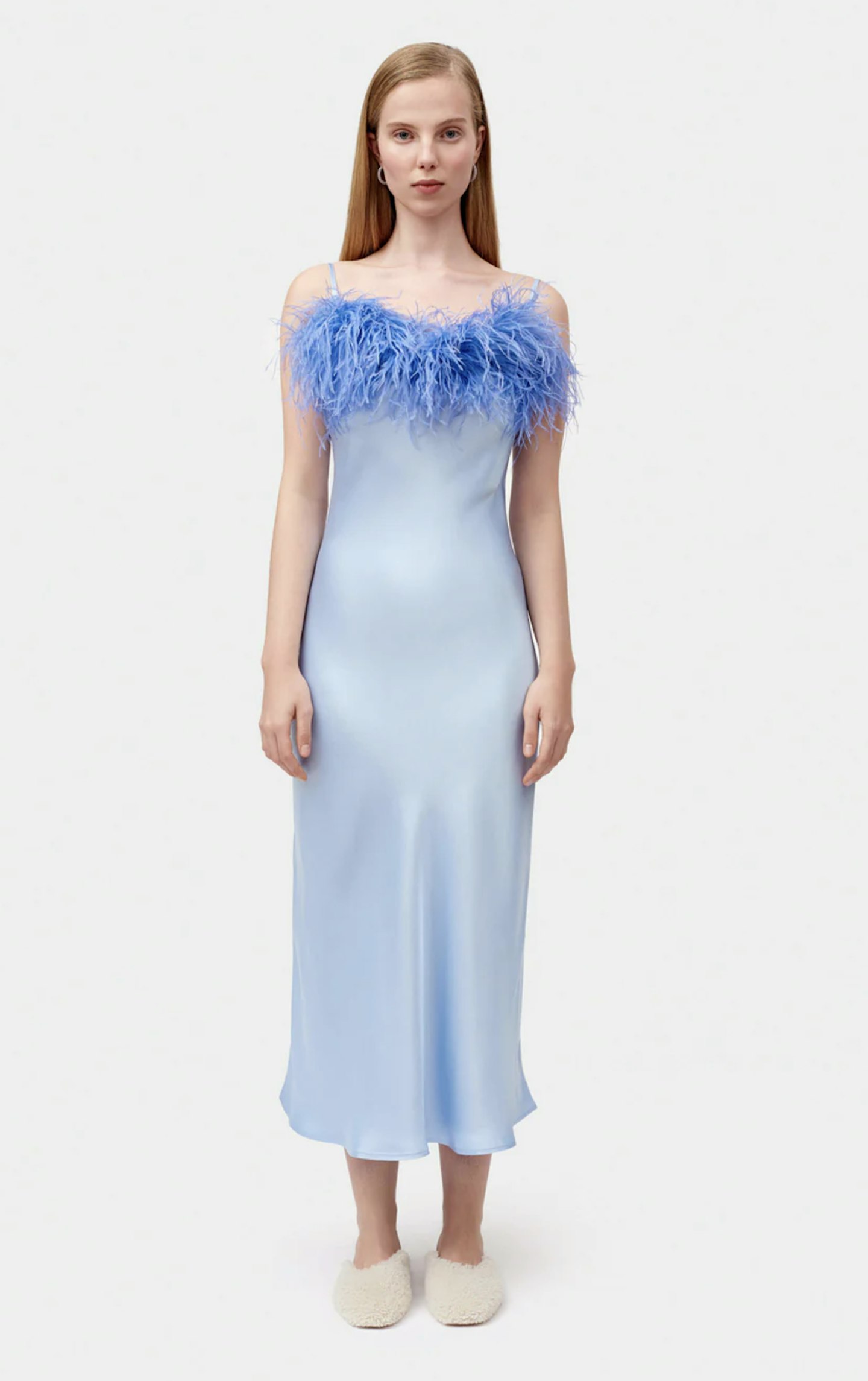 Sleeper blue feathered slip dress