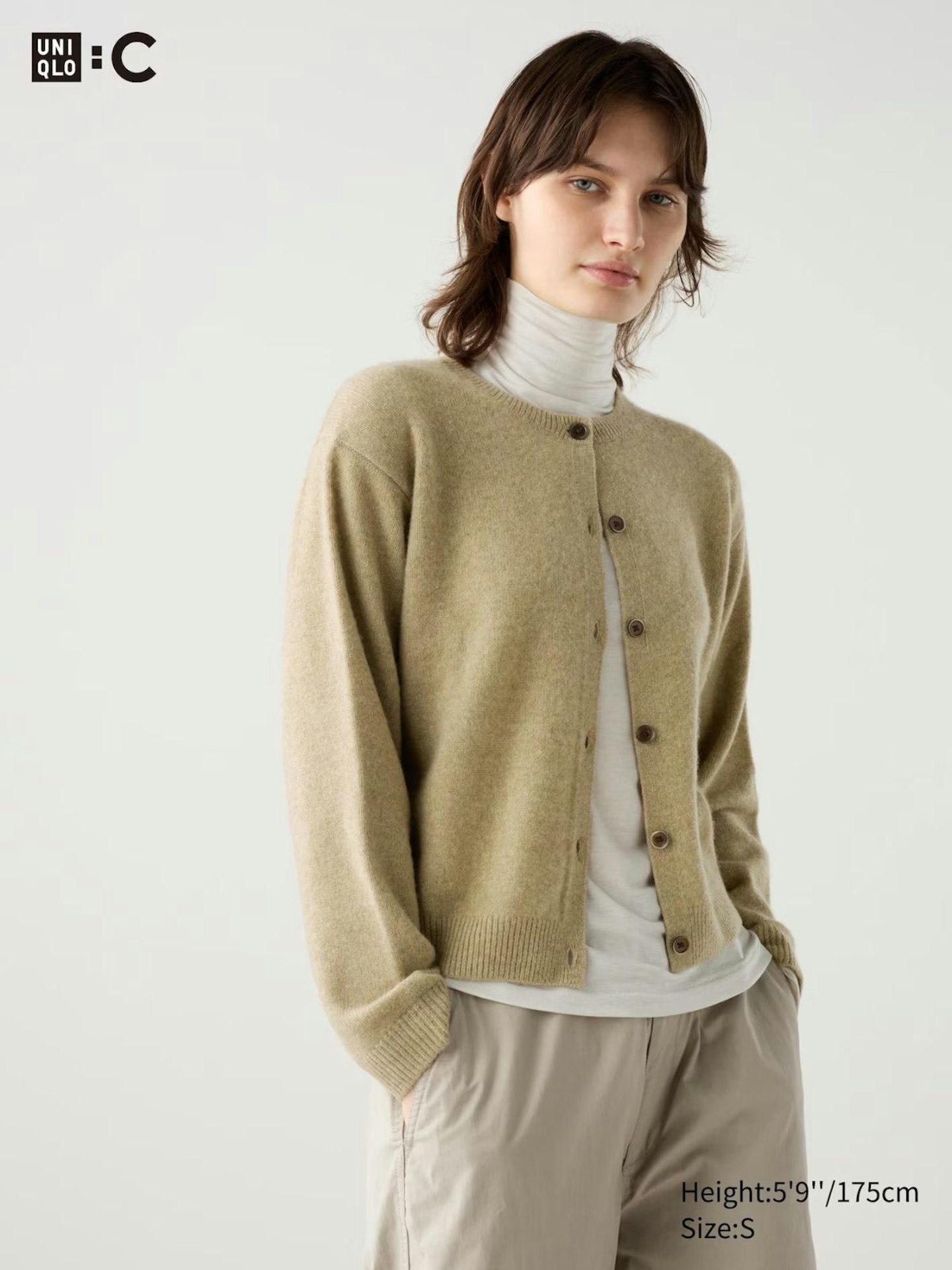 100% Cashmere Crew Neck Cardigan - Beige