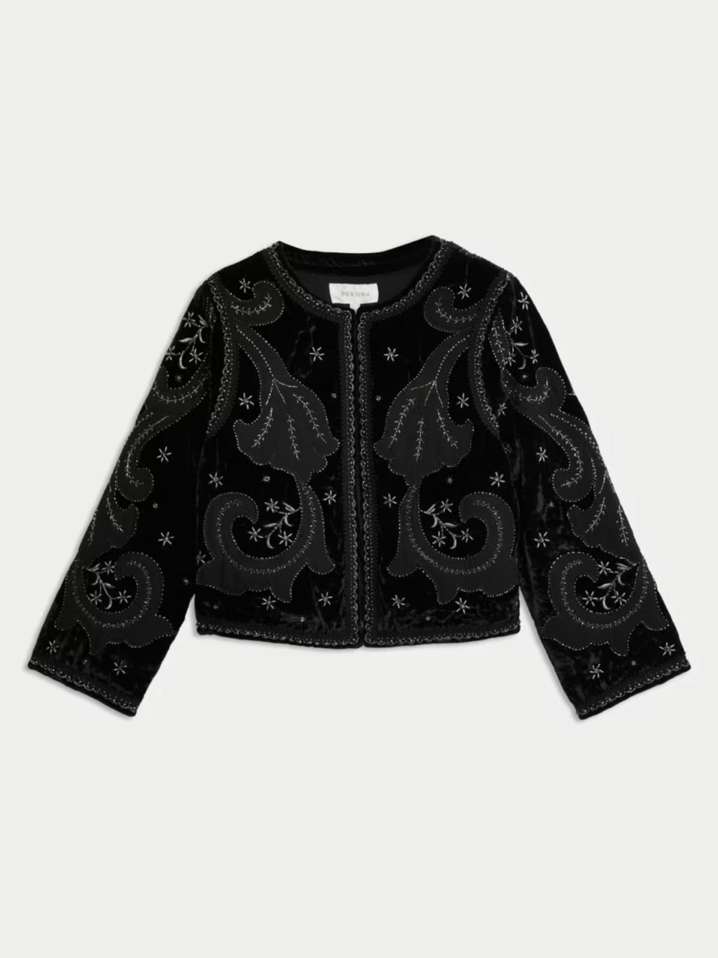 Velvet Embroidered Collarless Cropped Jacket