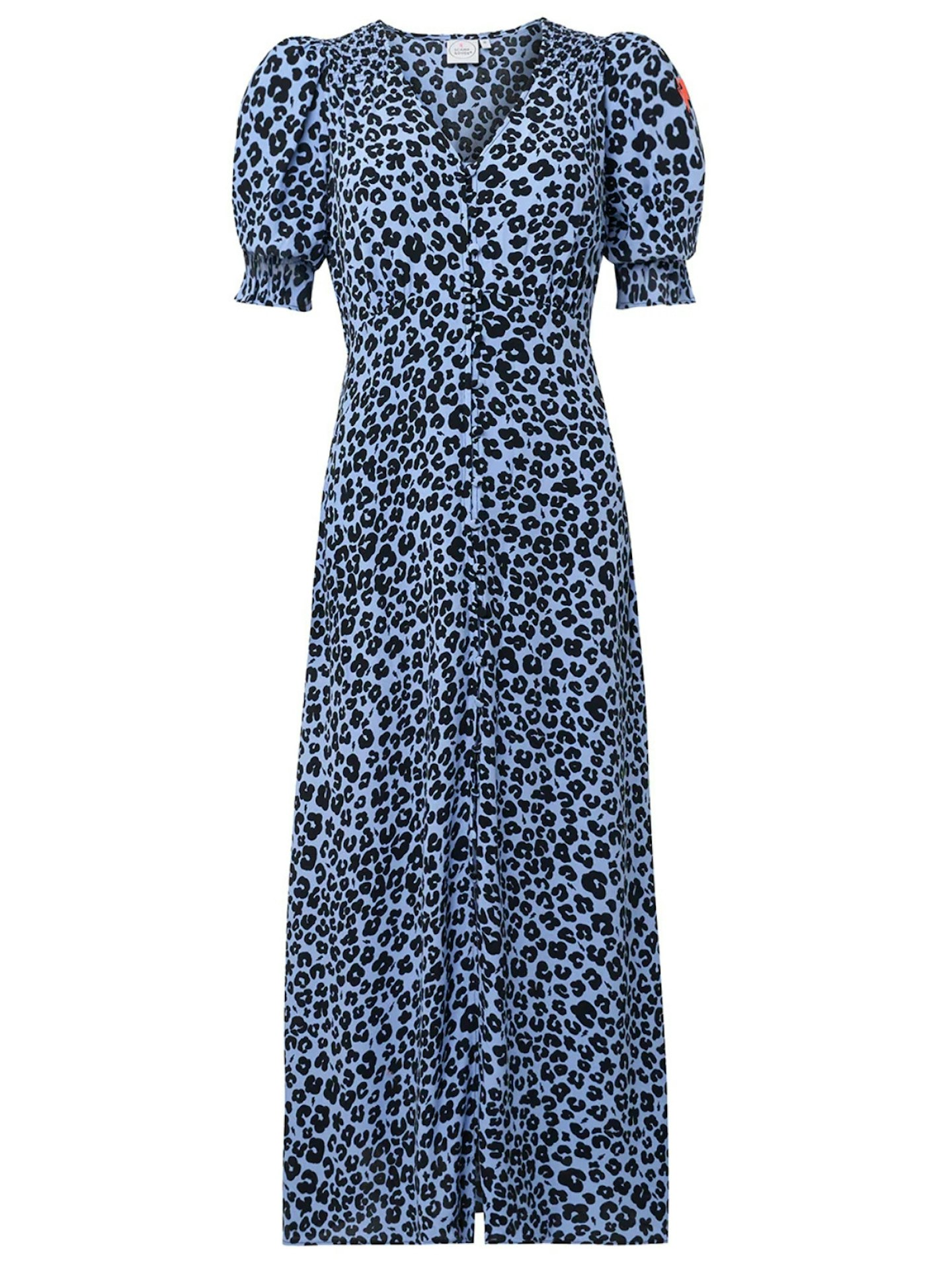 Blue With Black Floral Leopard Flute Sleeve Midi Tea Dress