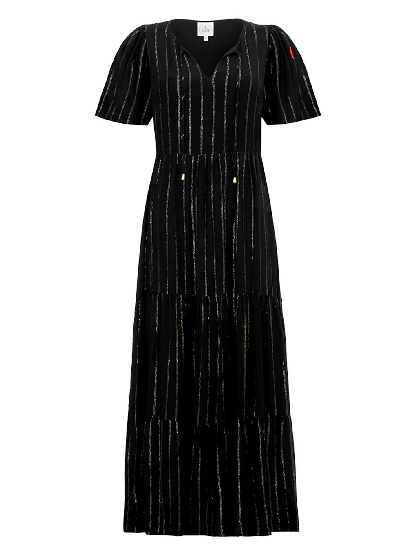 Black With Silver Lurex Angel Sleeve Tie Front Maxi Dress