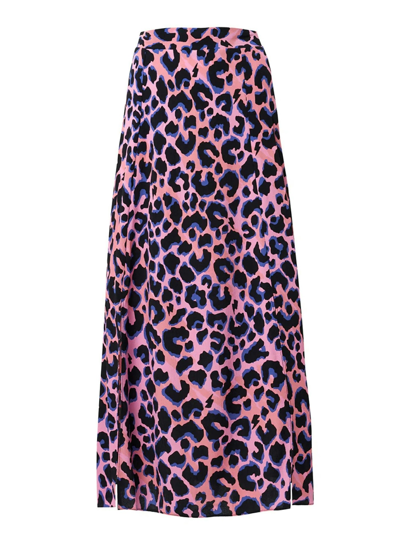 Pink With Blue And Black Shadow Leopard Split Front Skirt