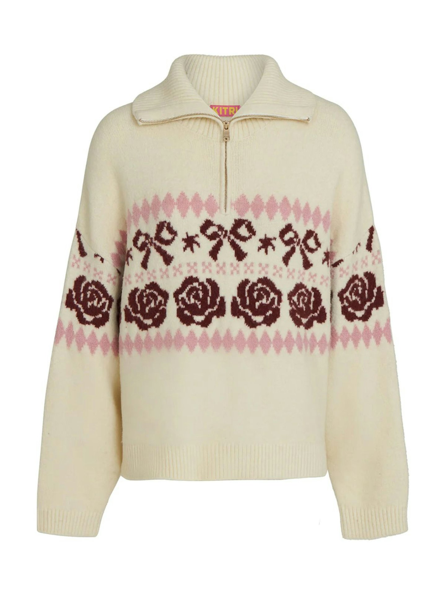 Kitri, Uma Ivory Bow Fairisle Quarter Zip Sweater