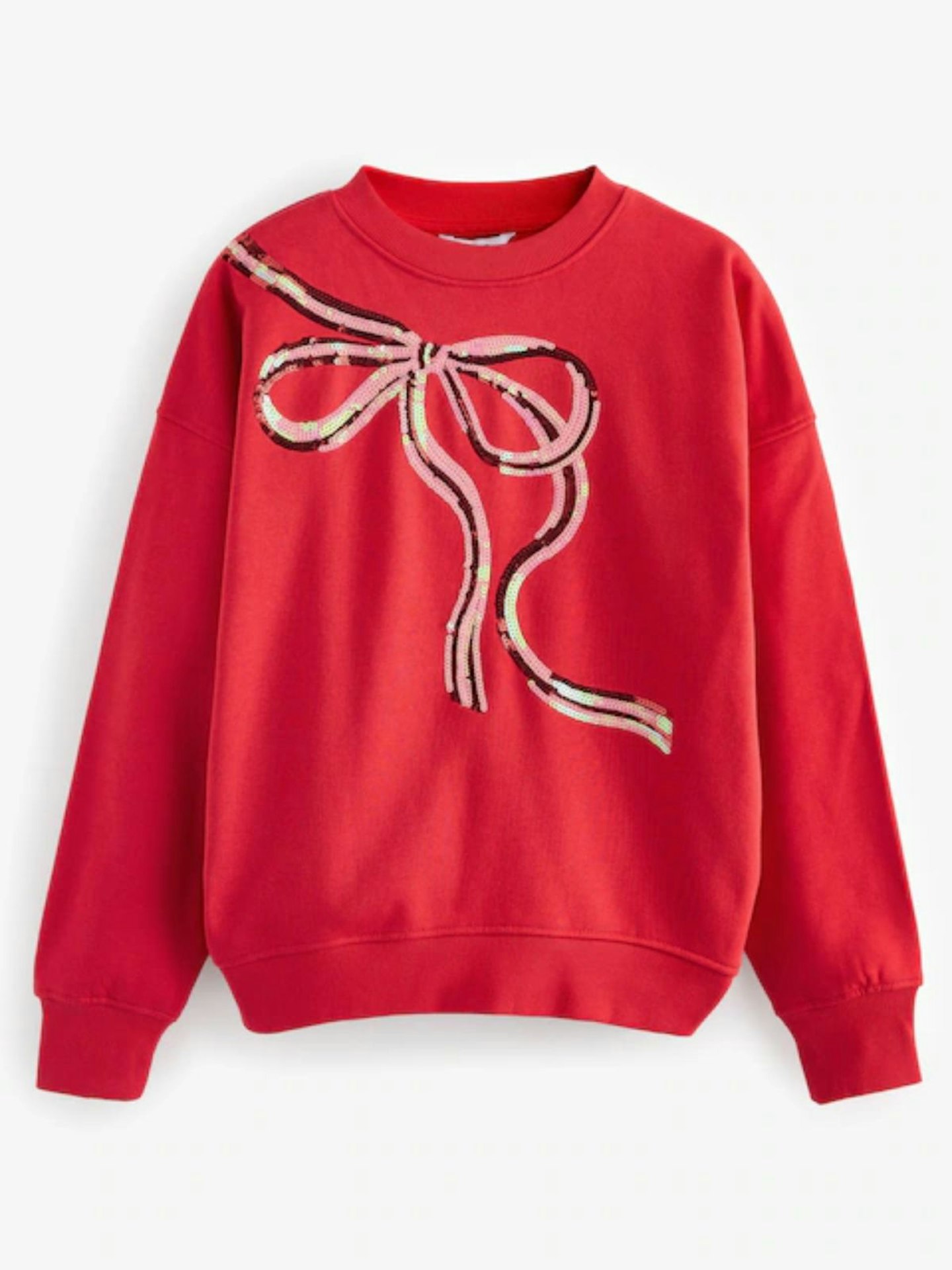 Next, Bright Red/Silver Christmas Sparkle Sequin Front Bow Graphic Crew Neck Sweatshirt