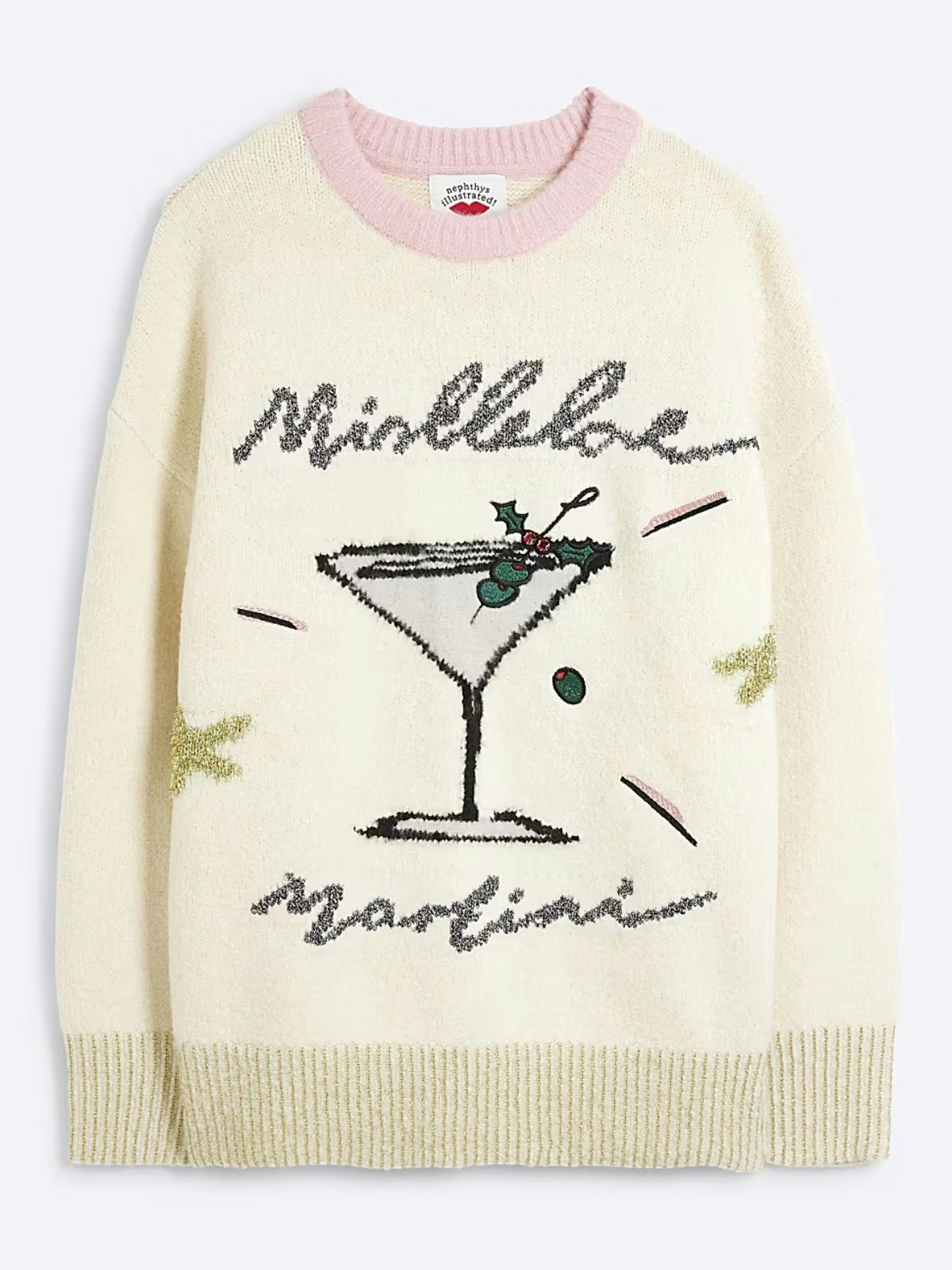 River Island, Cream Mistletoe Martini Christmas Jumper