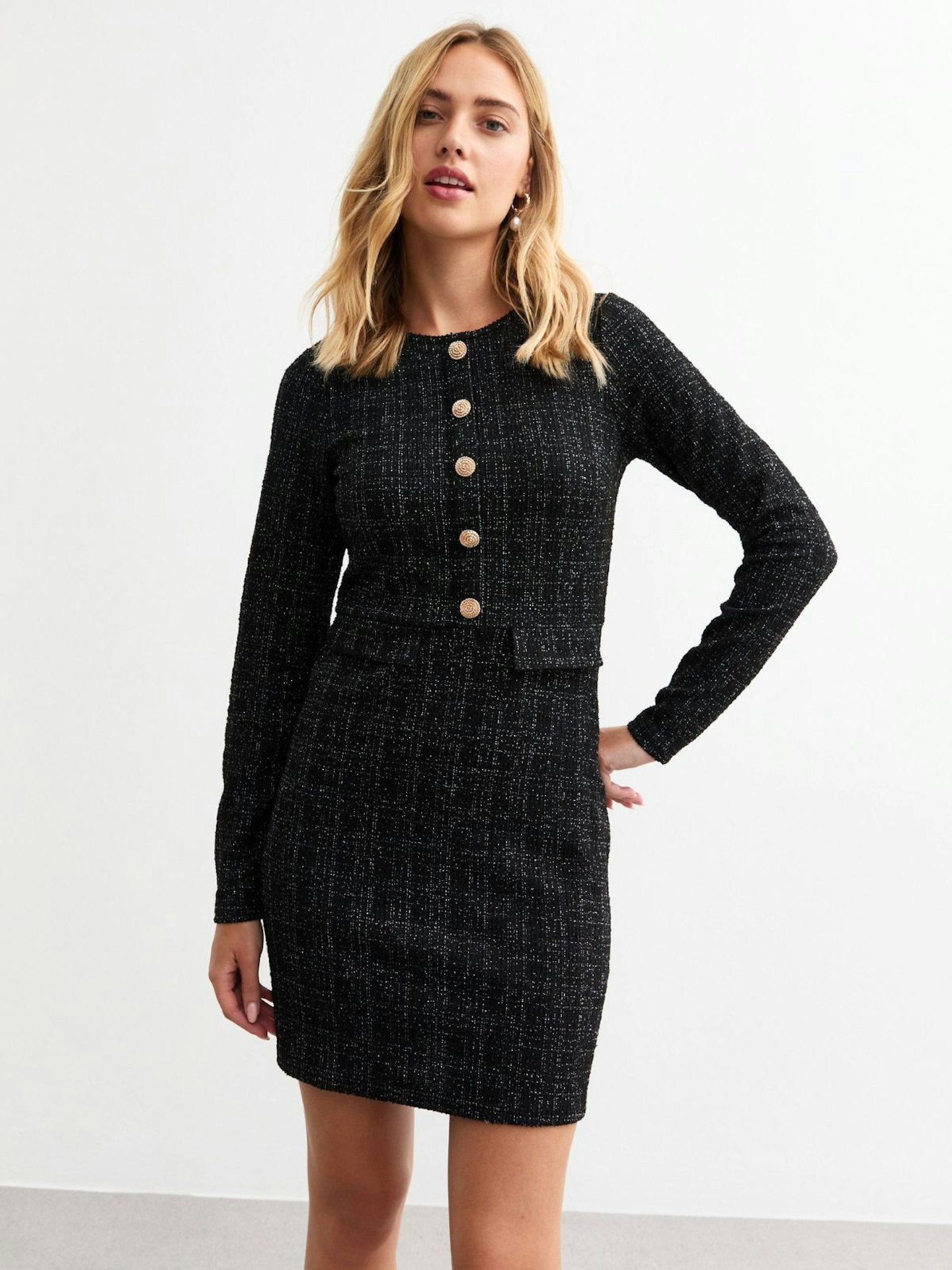 Newlook, Black Metallic Long Sleeve Boucle Mini Dress