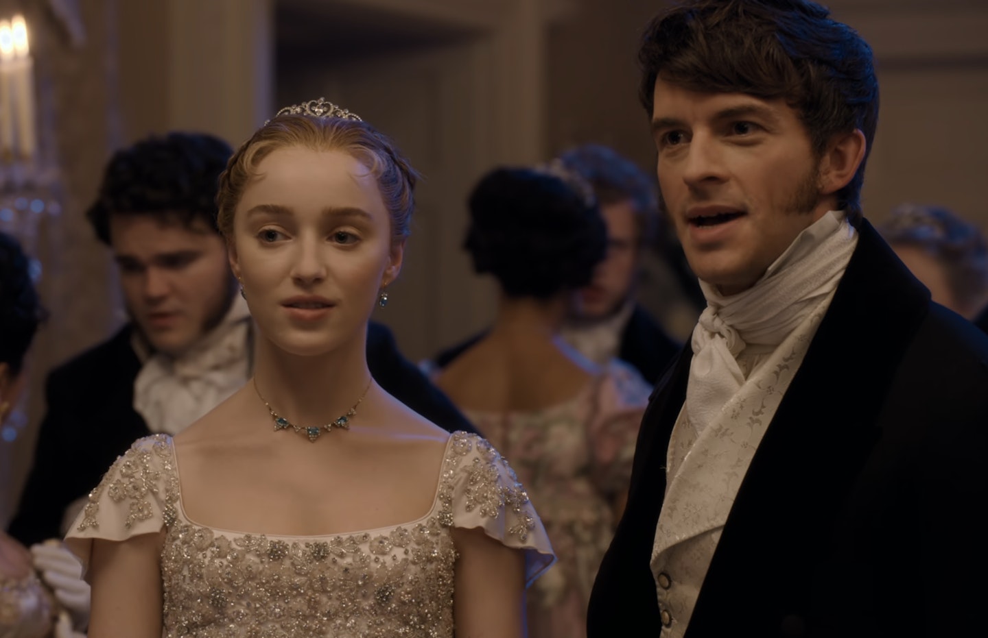 Daphne (Phoebe Dynevor) and Anthony (Jonathan Bailey) Bridgerton attend a debutante ball