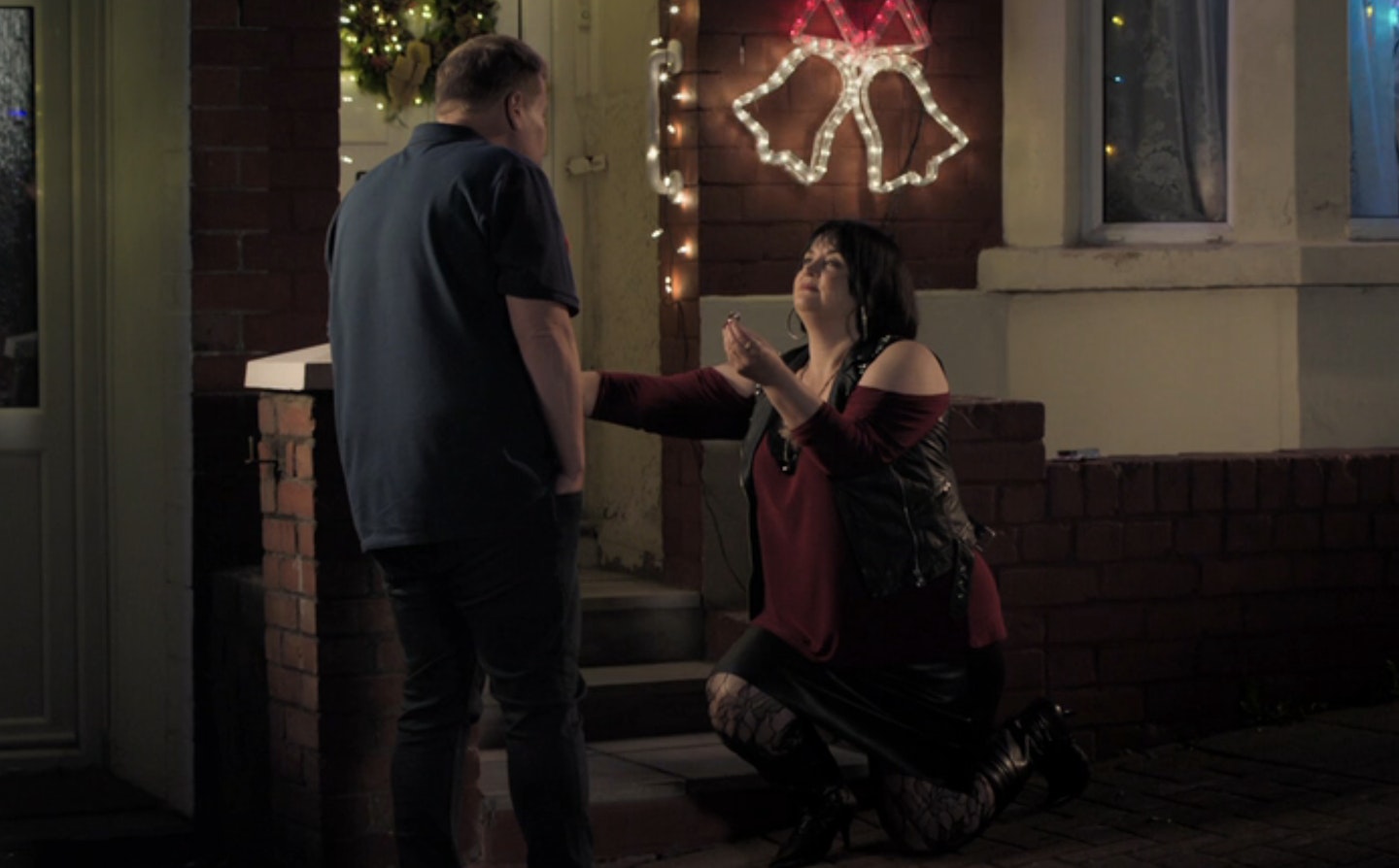 Nessa (Ruth Jones) proposes to Smithy (James Corden) in the Gavin & Stacey 2019 Christmas special