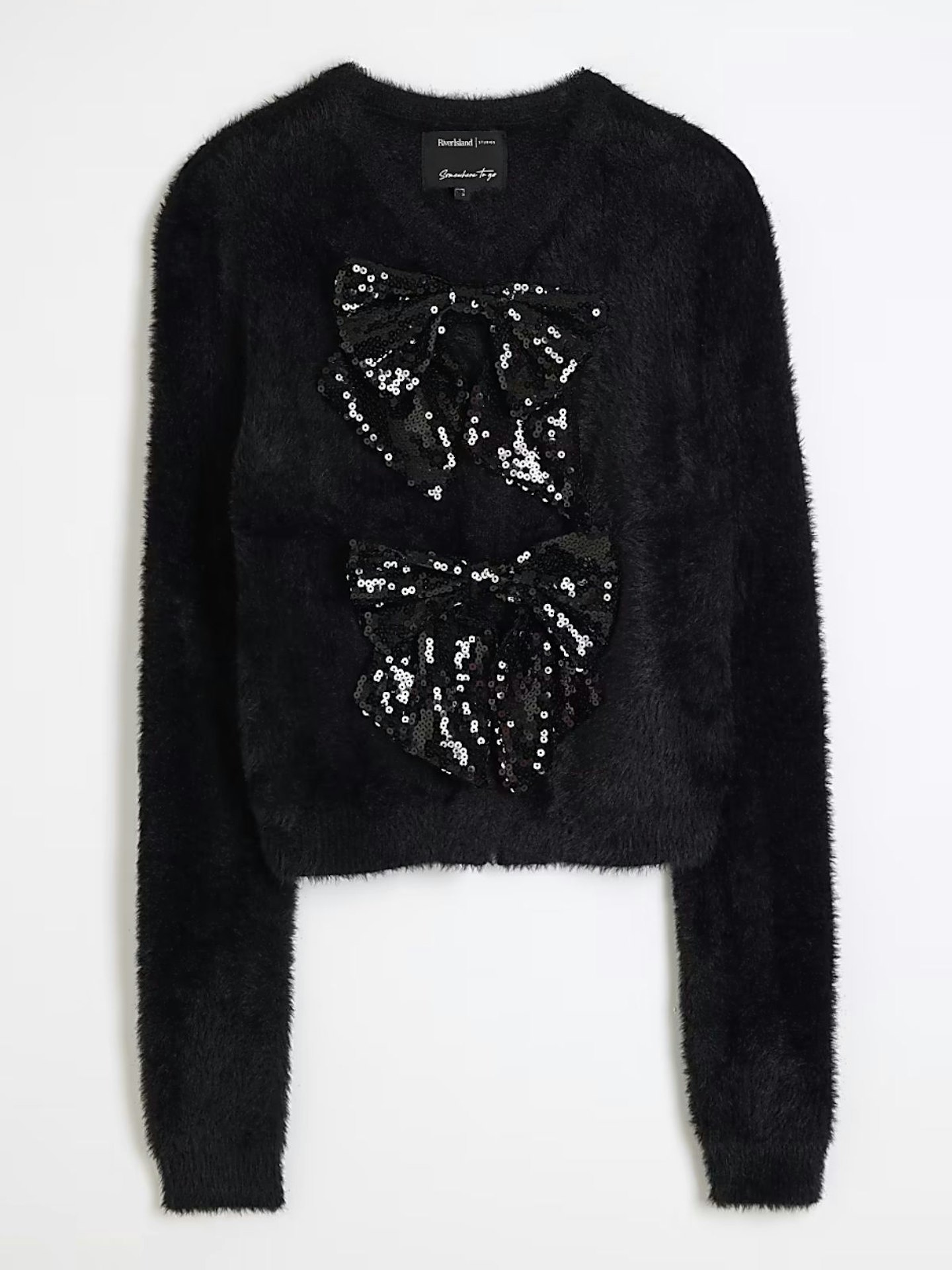 River Island, Black Sequin Bow Cardigan