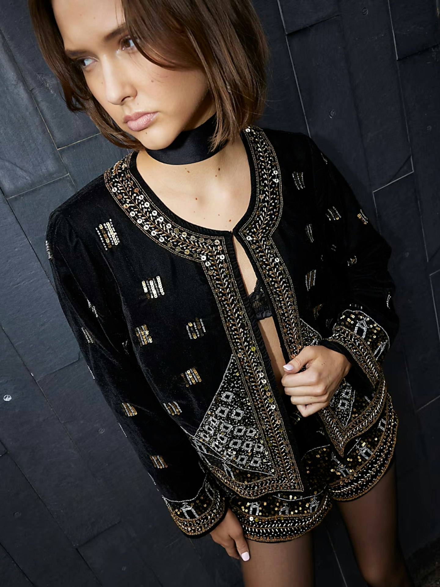 River Island Black Velvet Embellished Trophy Jacket