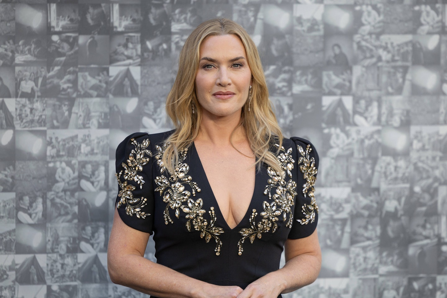 Kate Winslet wearing black dress at Lee premiere