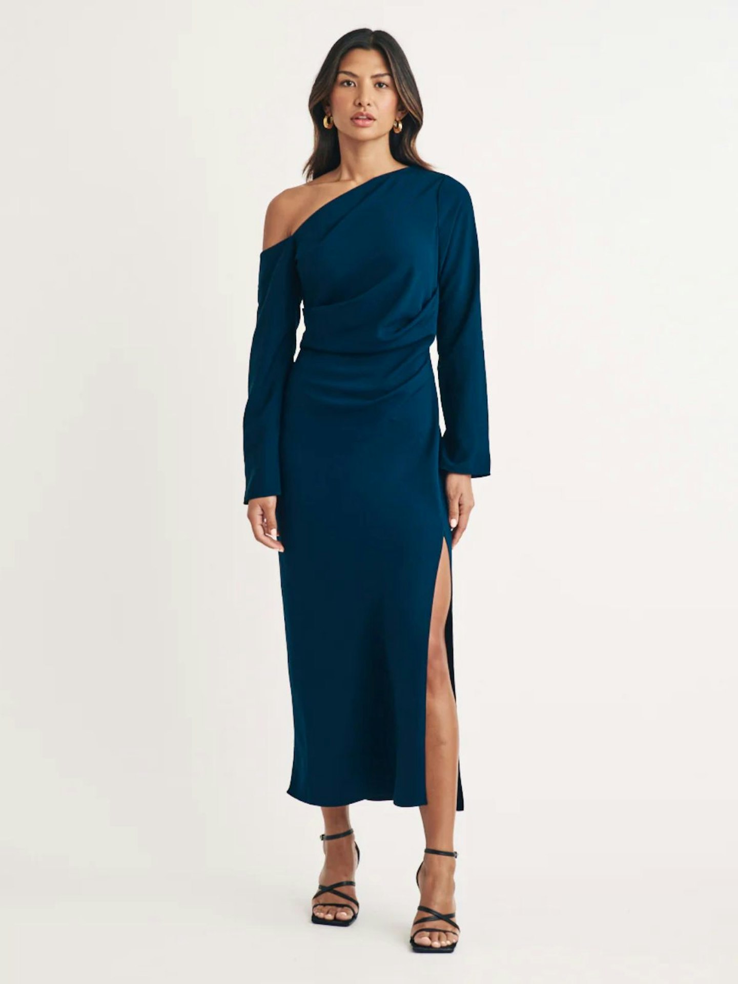 Nobody's Child, Blue Asymmetric Gathered Katty Midi Dress