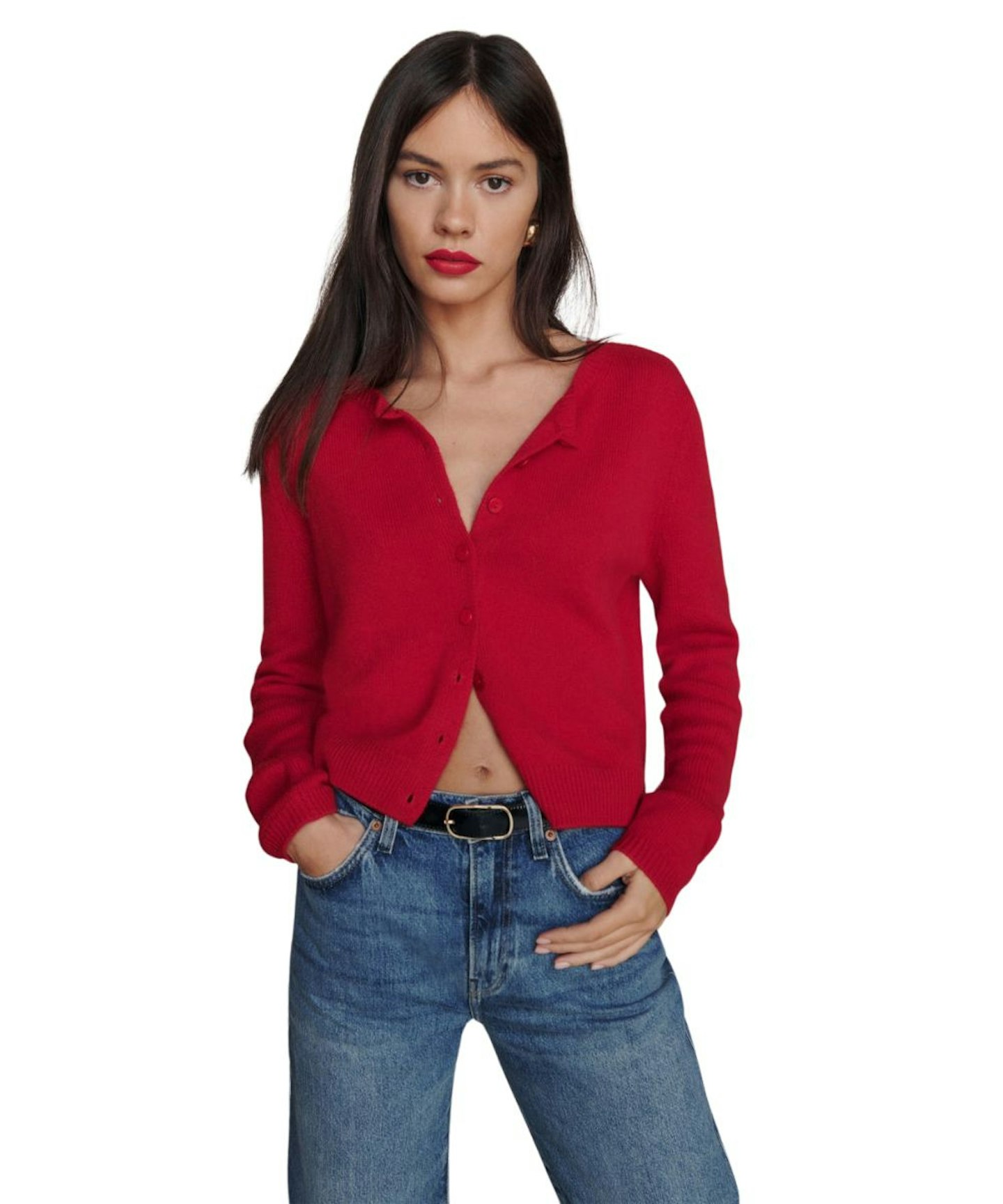 Reformation, Clara Cashmere Crew Red Cardigan