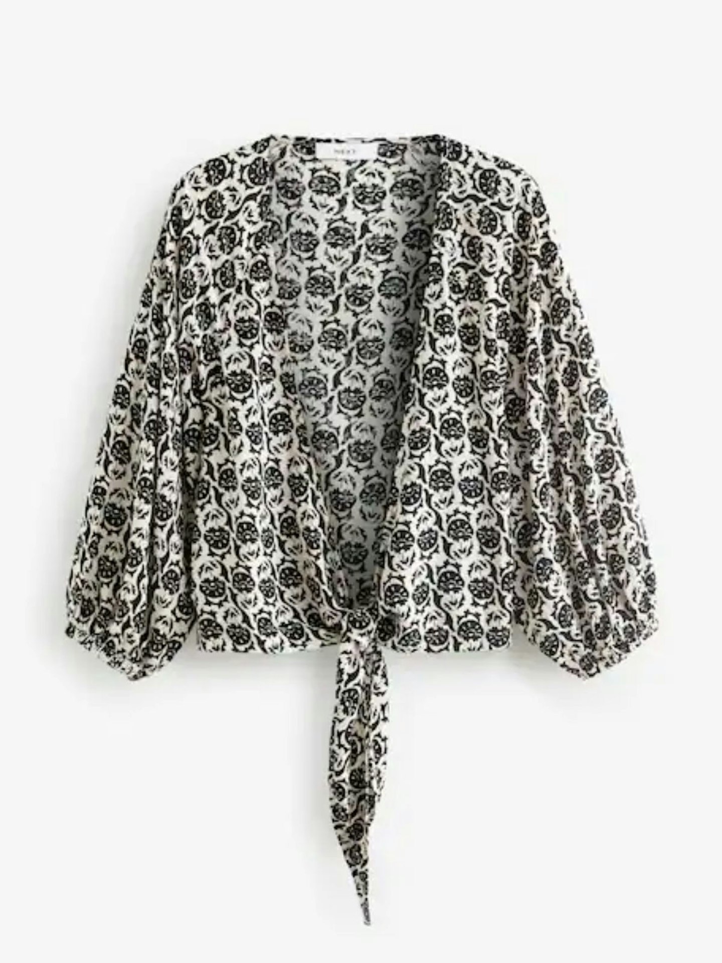 Next, White/Black Puff Sleeve Tie Cover Up Top