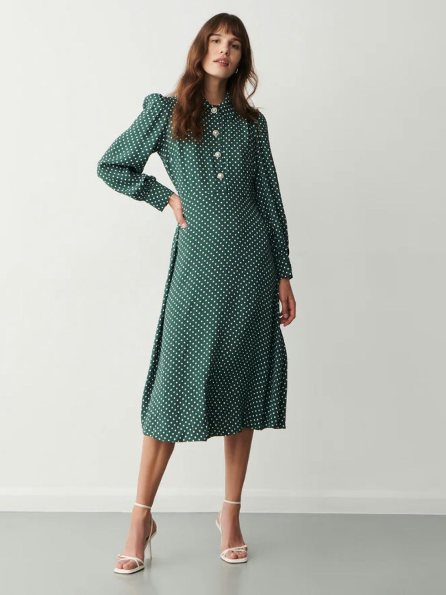 Finery London, Rosa Green Spot Crepe Midi Dress