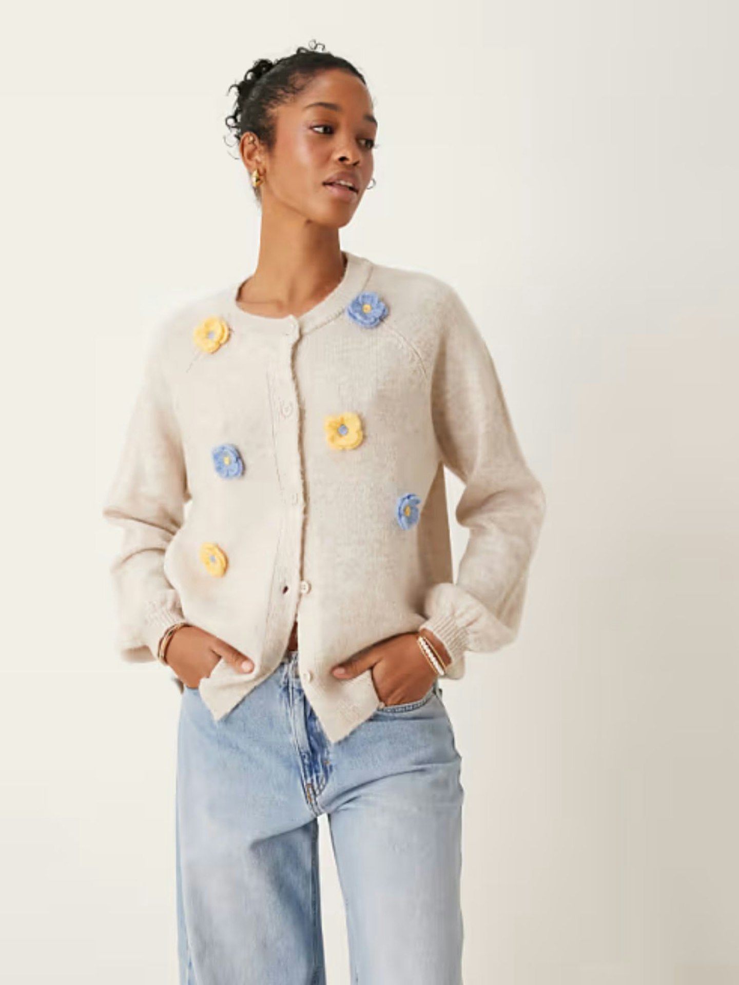 ASOS Design, Fluffy Knit Raglan Cardigan With Handmade Flowers