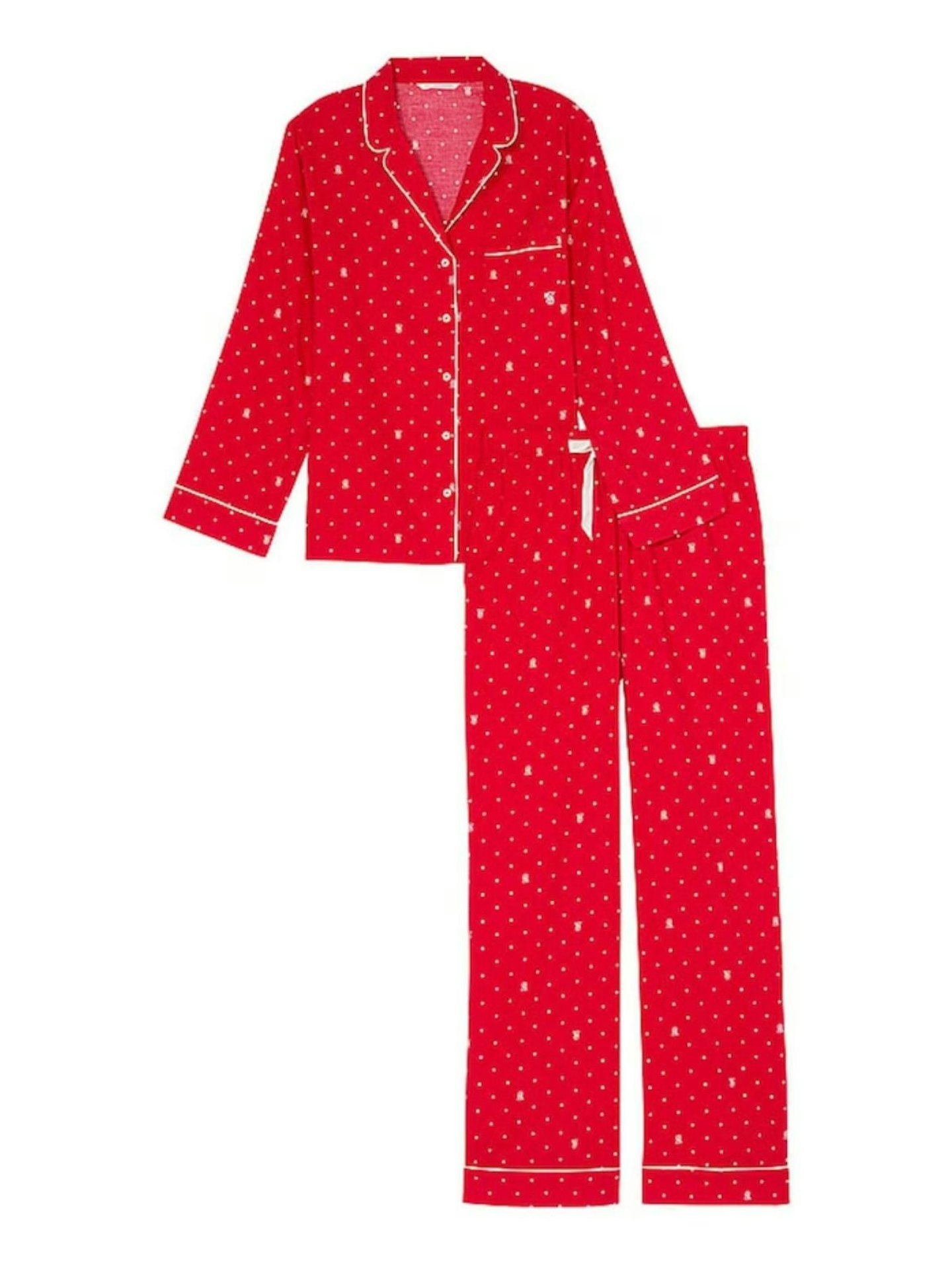 Victoria's Secret, Lipstick VS Pin Dot Red Flannel Long Pyjama Set